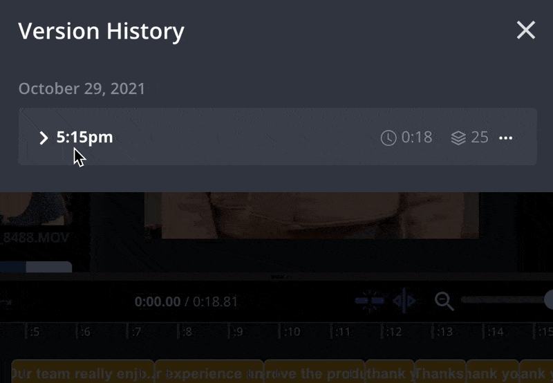 User clicks on a time within the Version History window to see the different saved versions of their project.