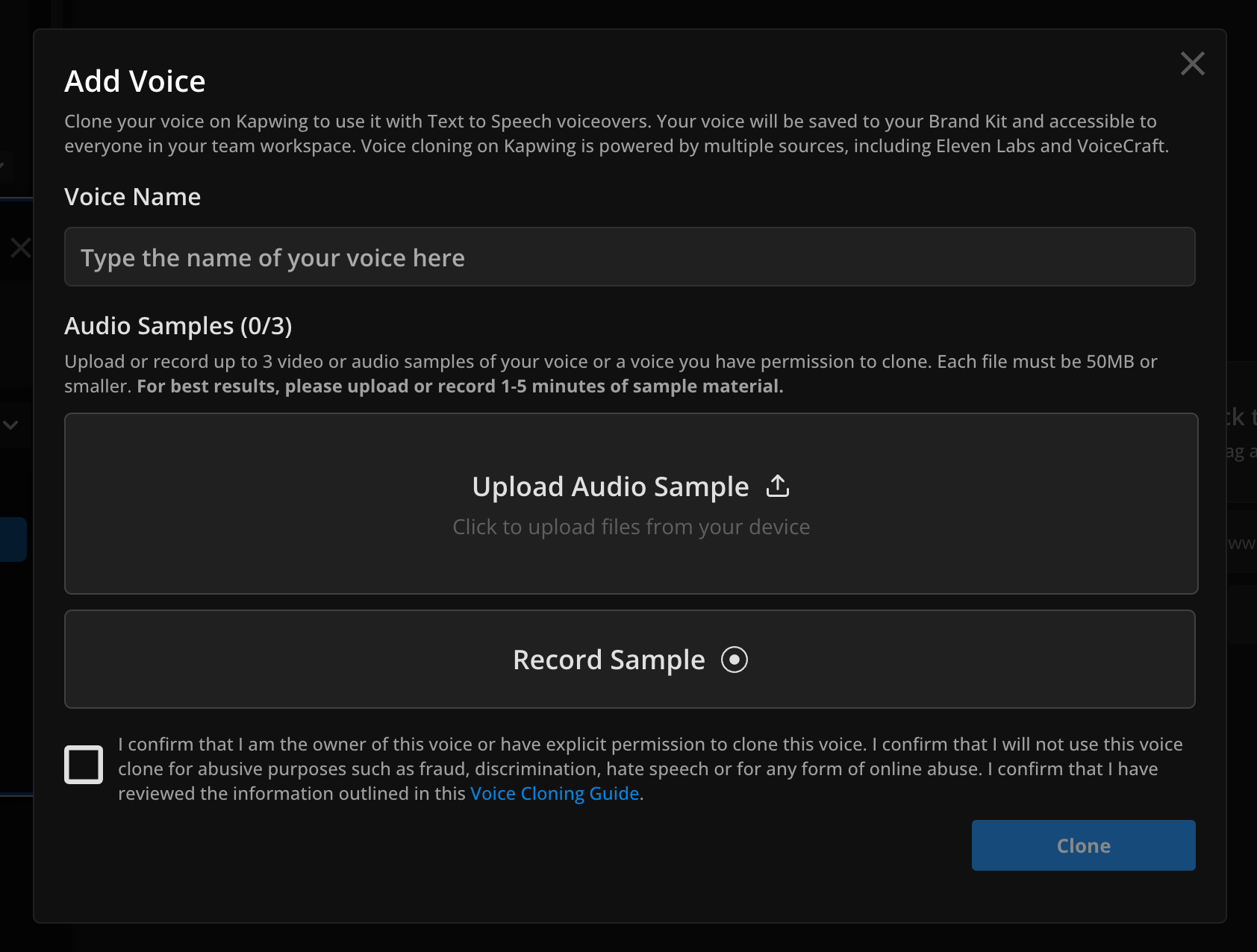 Add Custom Clone Voice modal