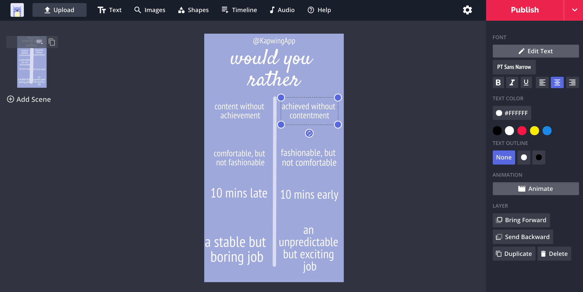 A screenshot from the Kapwing Studio with a "Would You Rather" template. 