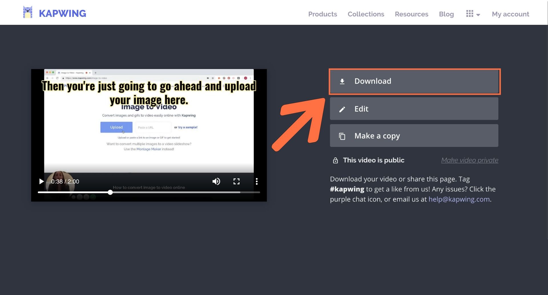 A screenshot showing how to download content from Kapwing. 