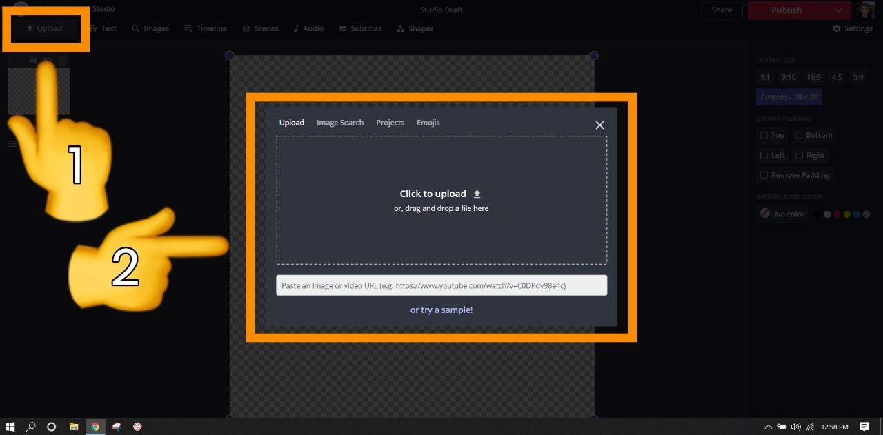 Een screenshot van de Kapwing Studio, waarop te zien is hoe je bestanden kunt uploaden. 