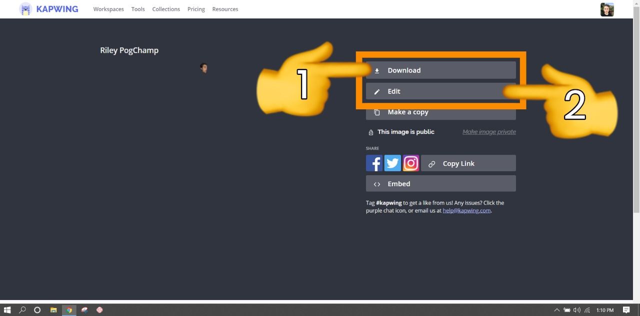 Een screenshot dat laat zien hoe u projecten kunt downloaden en bewerken vanaf de definitieve videopagina van Kapwing. 