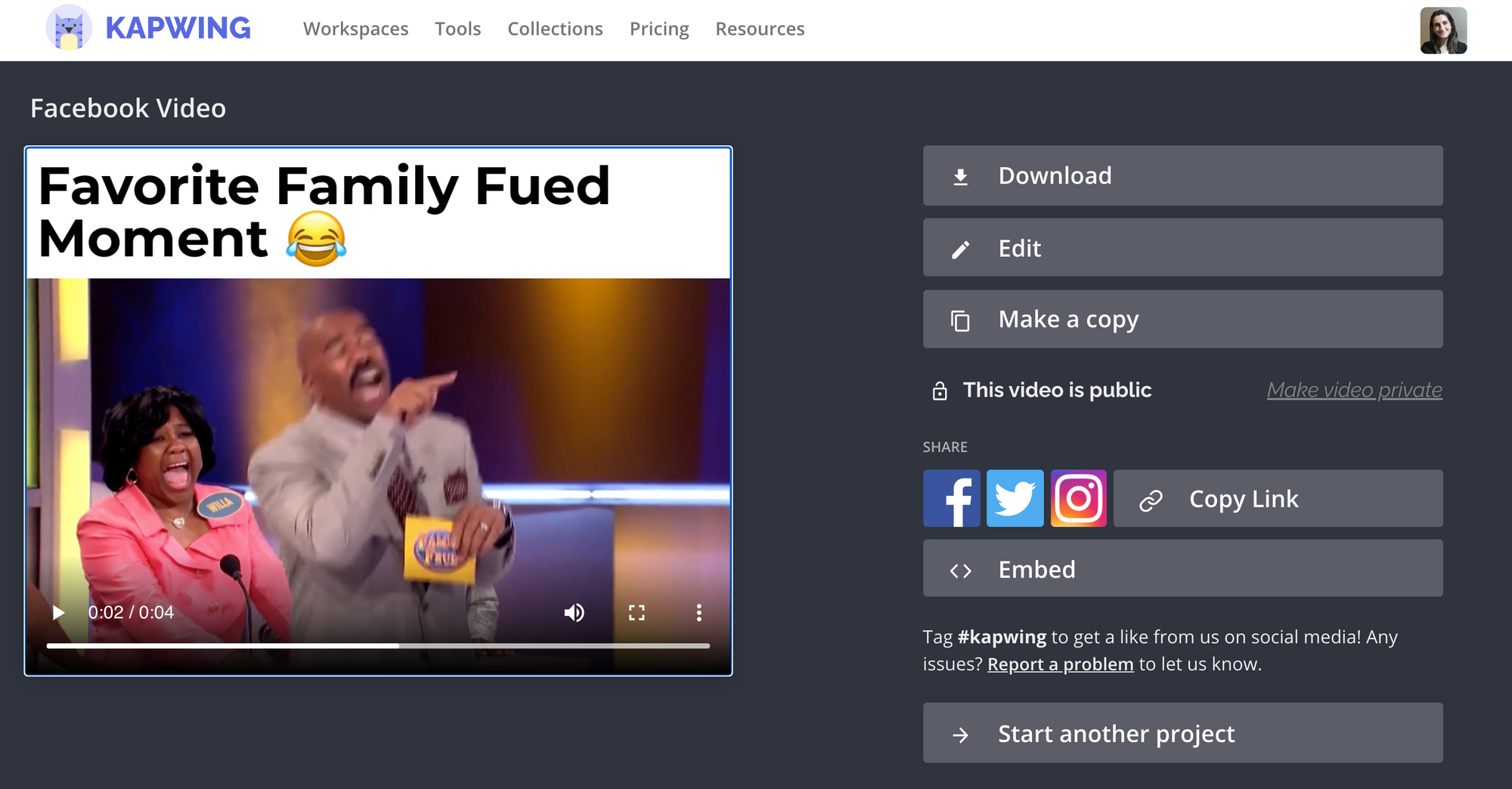 final download page to share facebook video