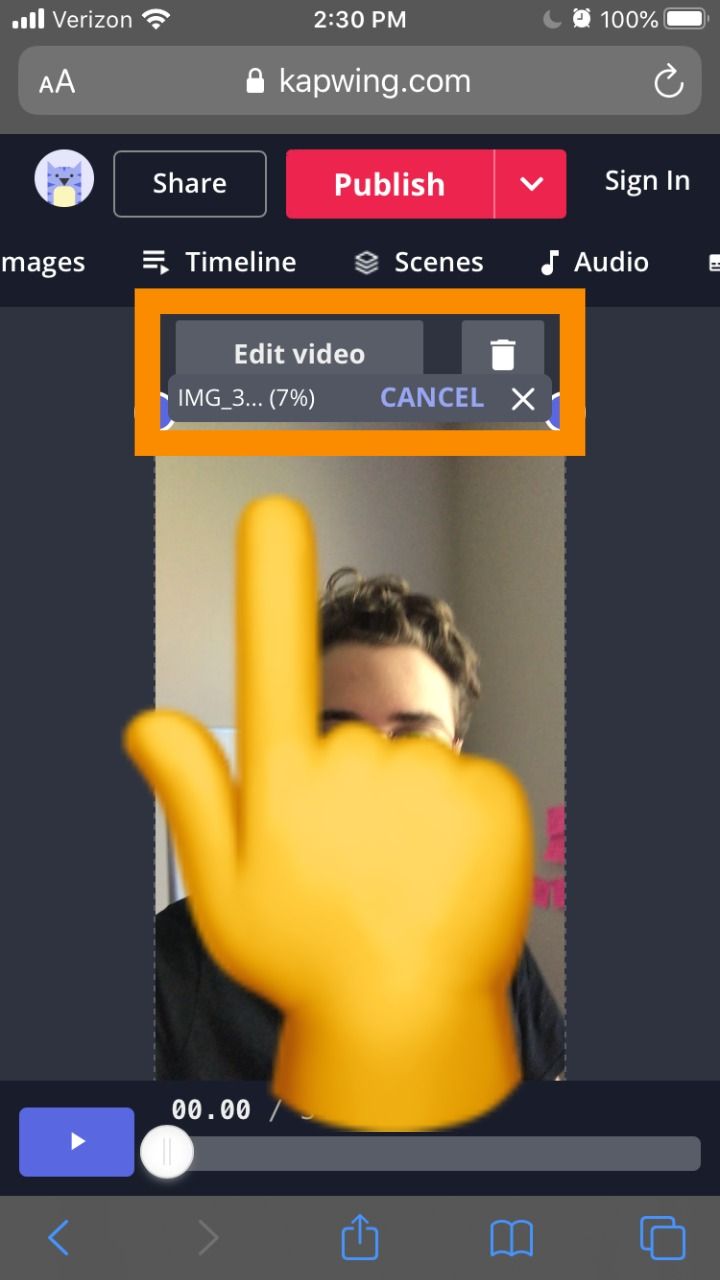 A screenshot showing how to edit videos in the Kapwing mobile Studio. 