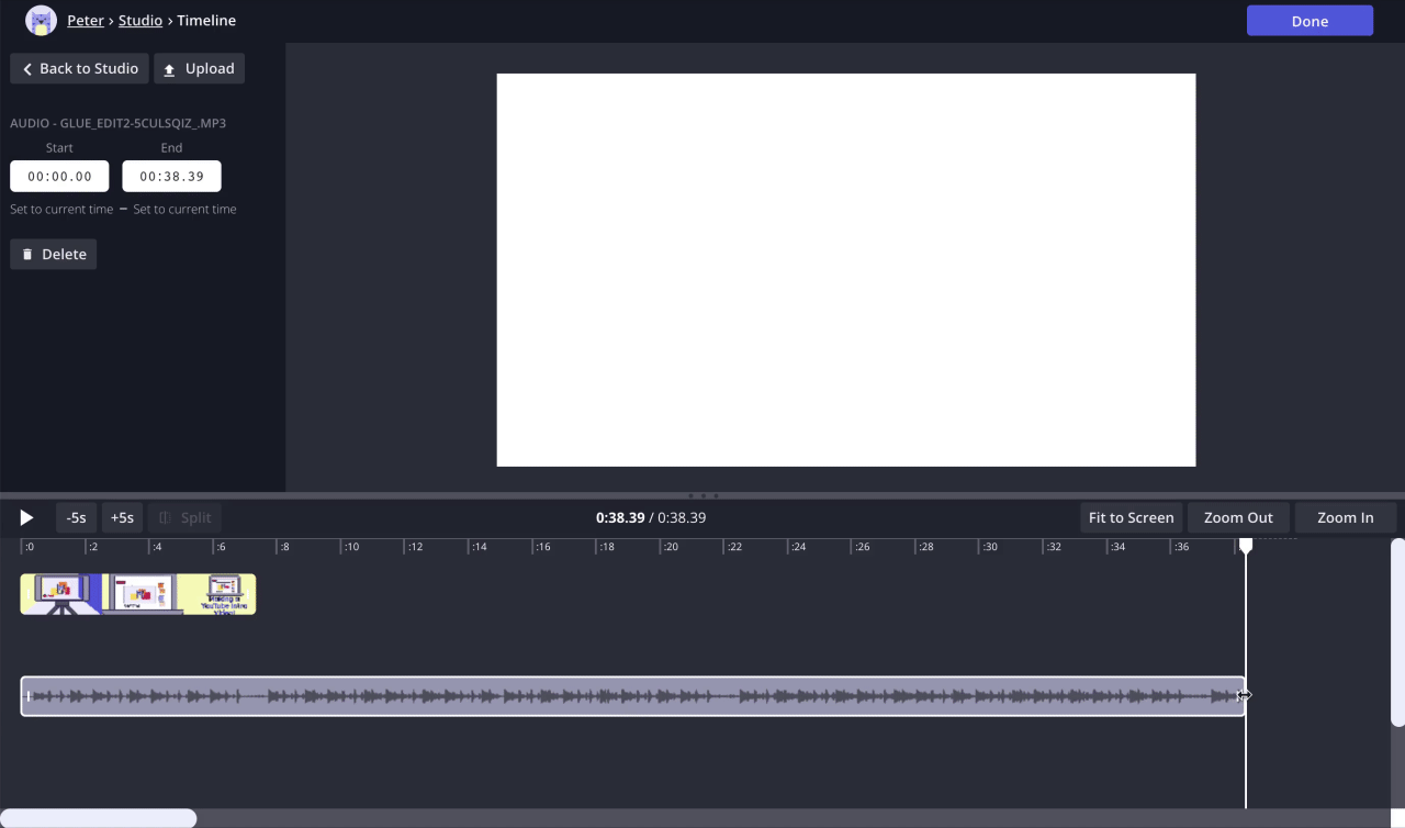 A screen recording showing how to add audio to video in the Kapwing Studio timeline view. 