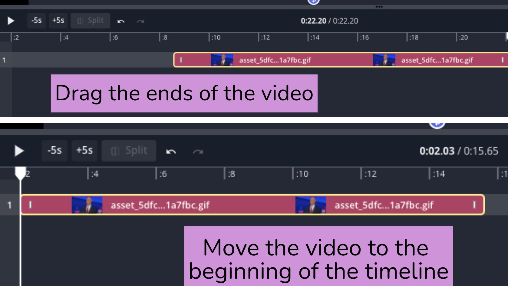 A screenshot of the Kapwing timeline, showing the process of trimming a video. 