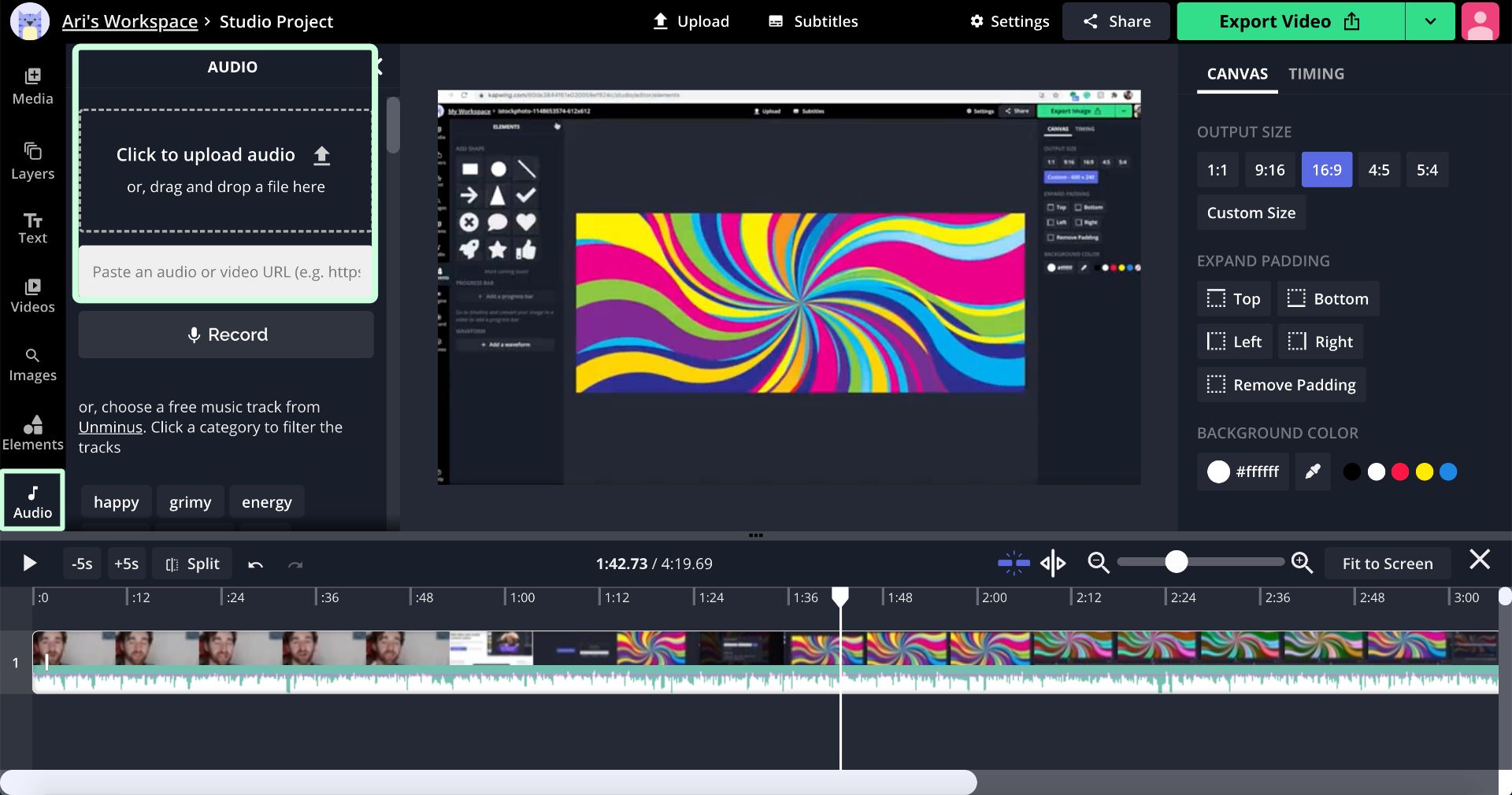 A screenshot of the Kapwing Studio, showing how to add music to a video. 