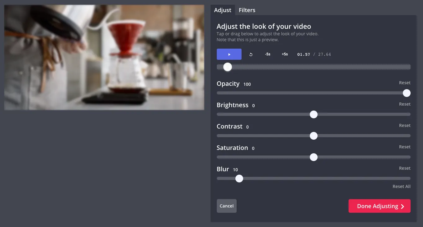 Showing Kapwing's video editor interface and buttons