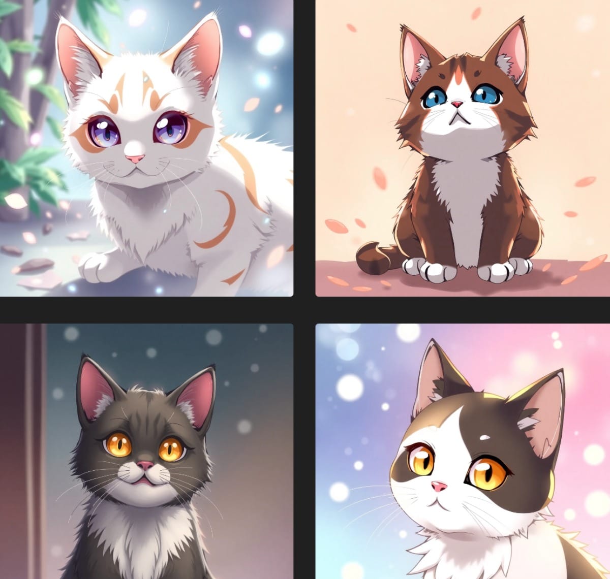 Four anime-style cats created using Kawping's AI Image Generator