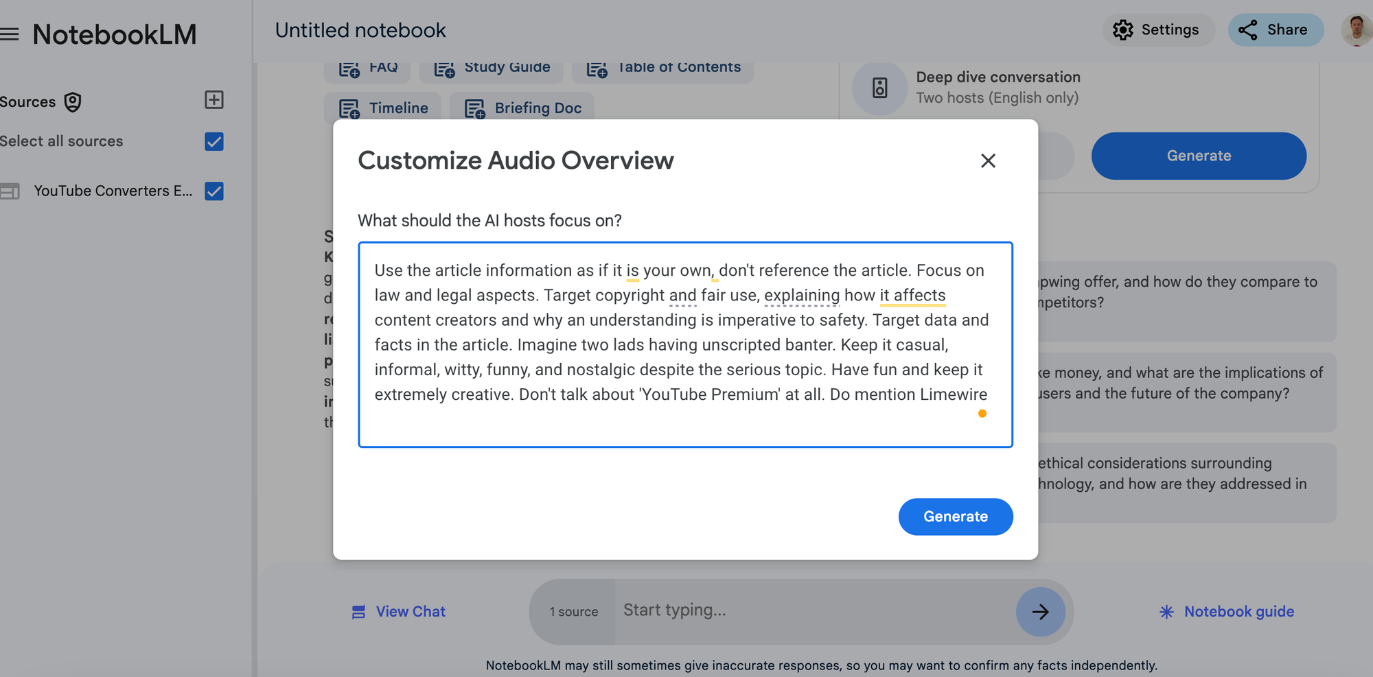 Screenshot of a podcast prompt about YouTube copyright on NotebookLM