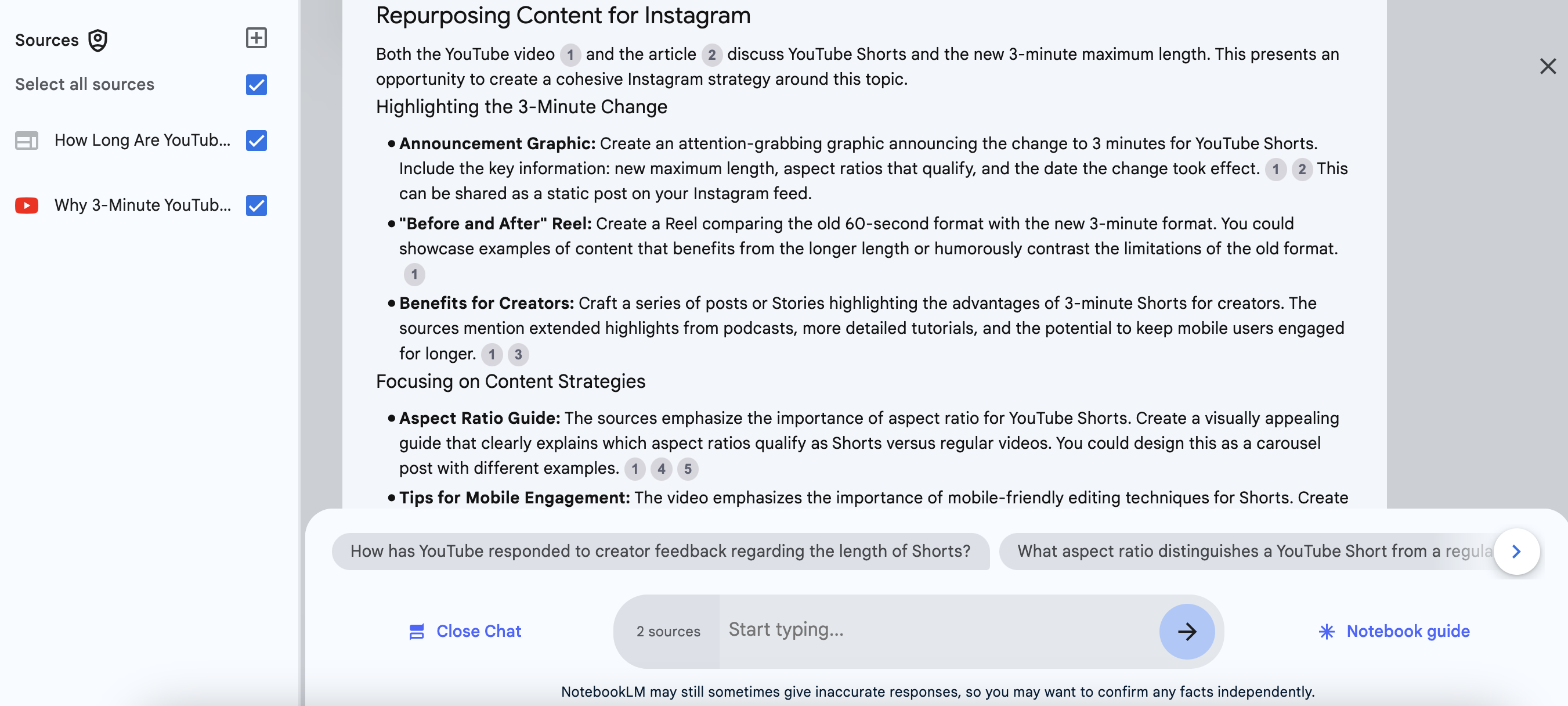 Screenshot from NotebookLM asking for content repurposing advice