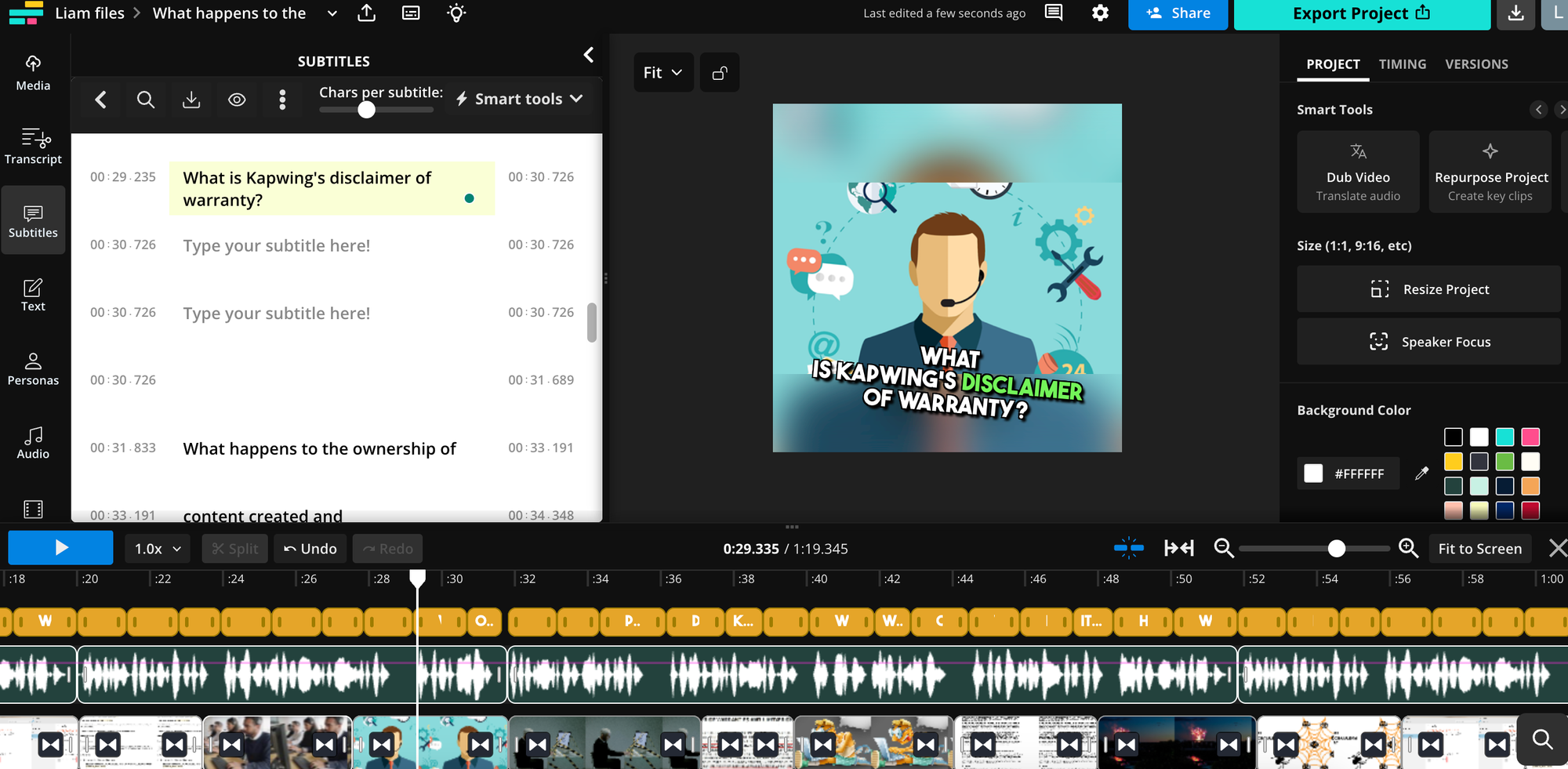 Screenshot inside the Kapwing video editor showing B-roll footage with subtitles