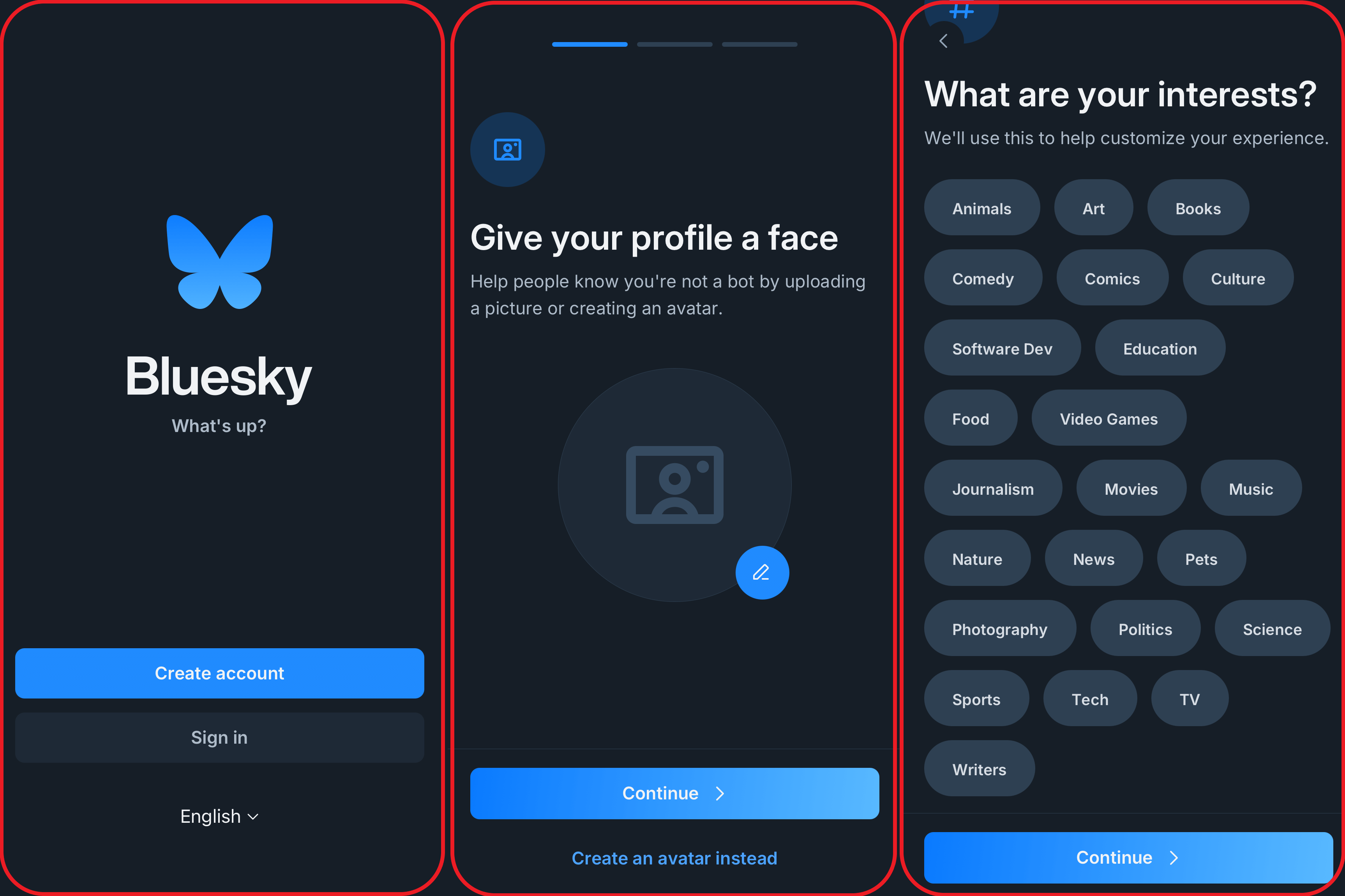 Three images of the Bluesky account creation process displayed side-by-side.