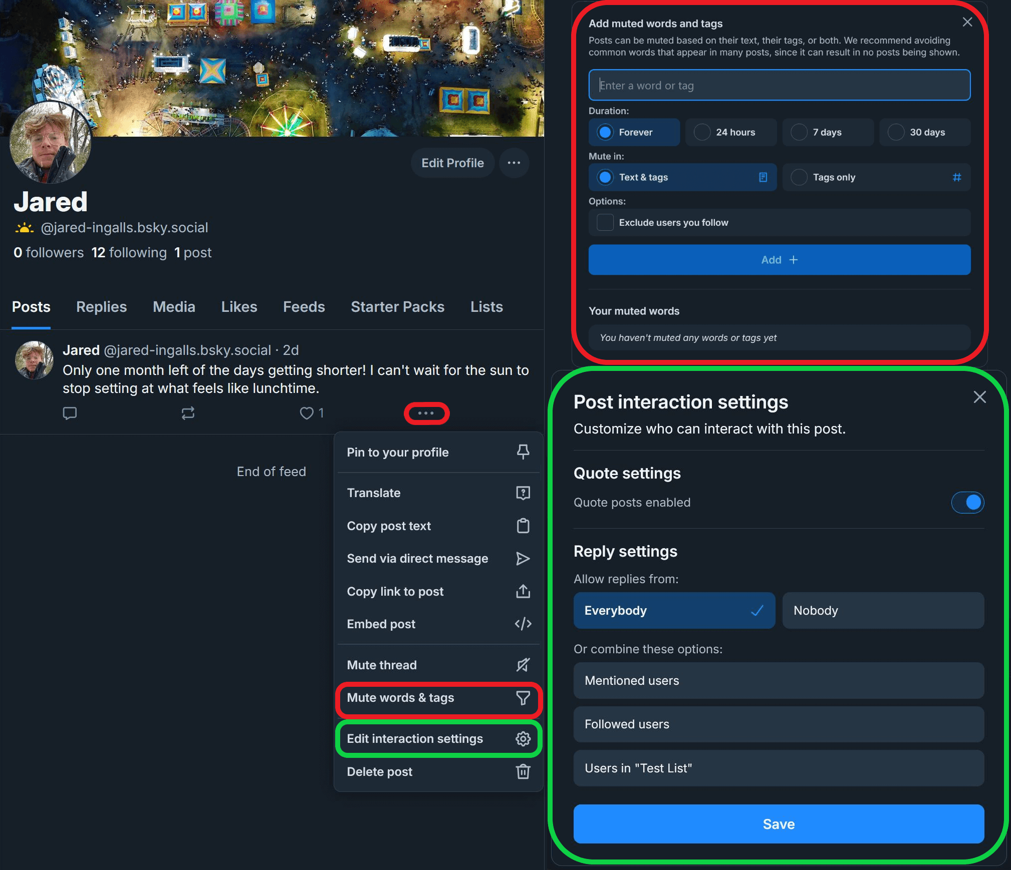 The tools menu on a BlueSky post, showing the expanded options for 'Mute Words & Tags' and 'Edit Interaction Settings.'