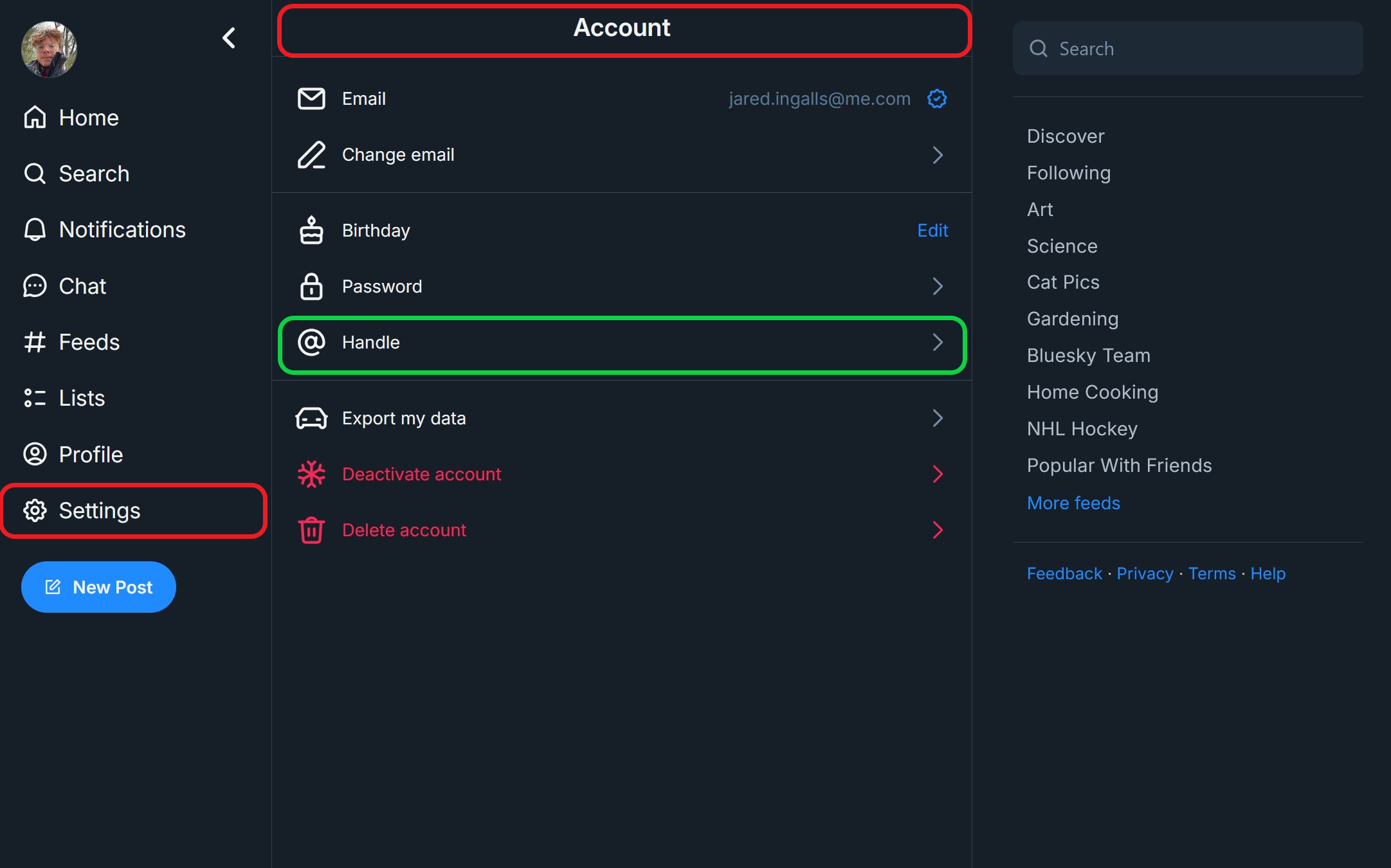 BlueSky settings menu with the 'Account' and 'Handle' options highlighted to show how to change your handle.