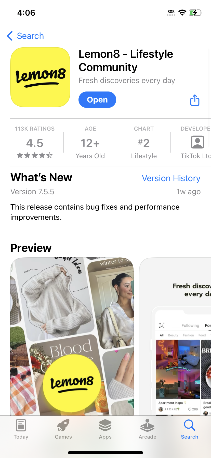 Screenshot of the Lemon8 app on the Apple App store