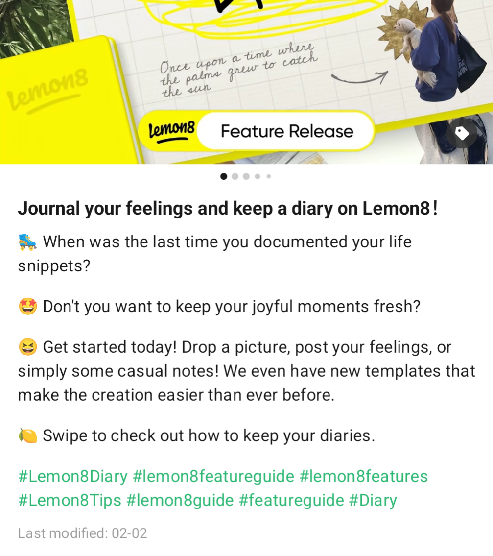 Examples of captions on Lemon8: "journal your feelings and keep a diary on Lemon8", including a short-form blog post.