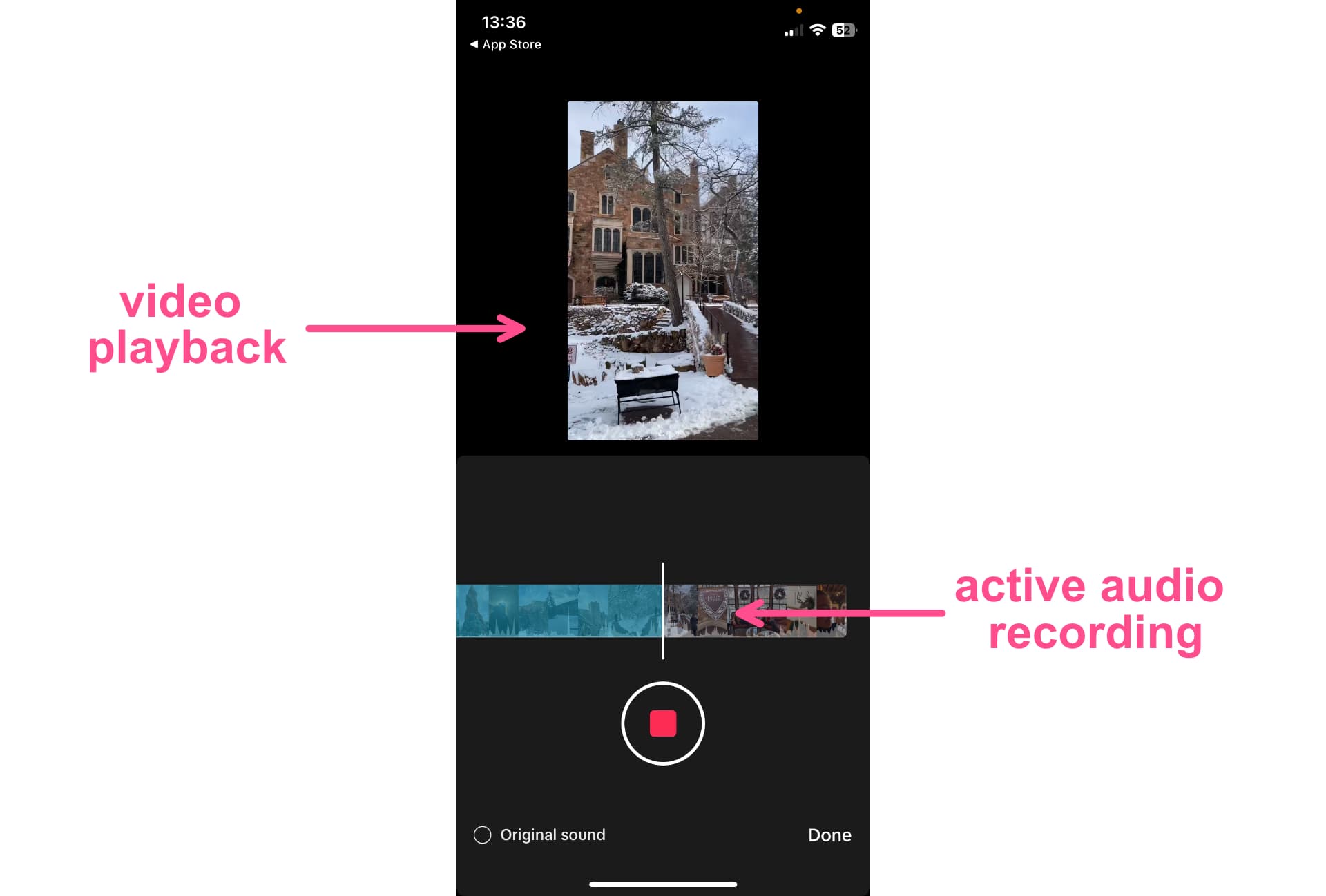 Example of TikTok Voice record tool with arrows pointing to playback preview and active recording bar. 