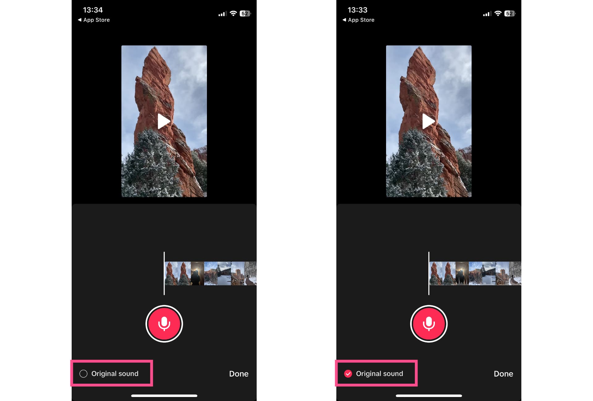 Side by side comparison of TikTok Record tool with "Original sound" toggled on and off