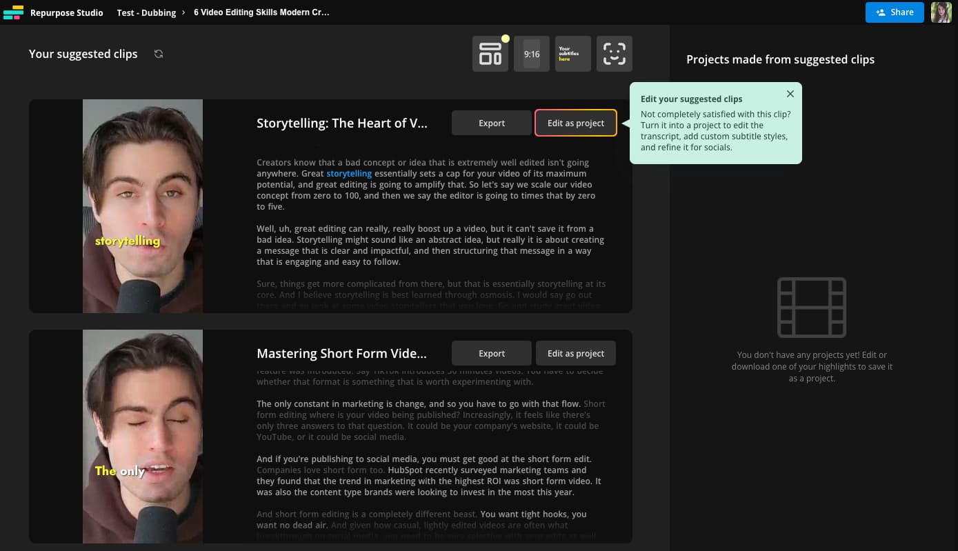 Repurpose Studio with example clips. Edit as project button highlighted in one example.