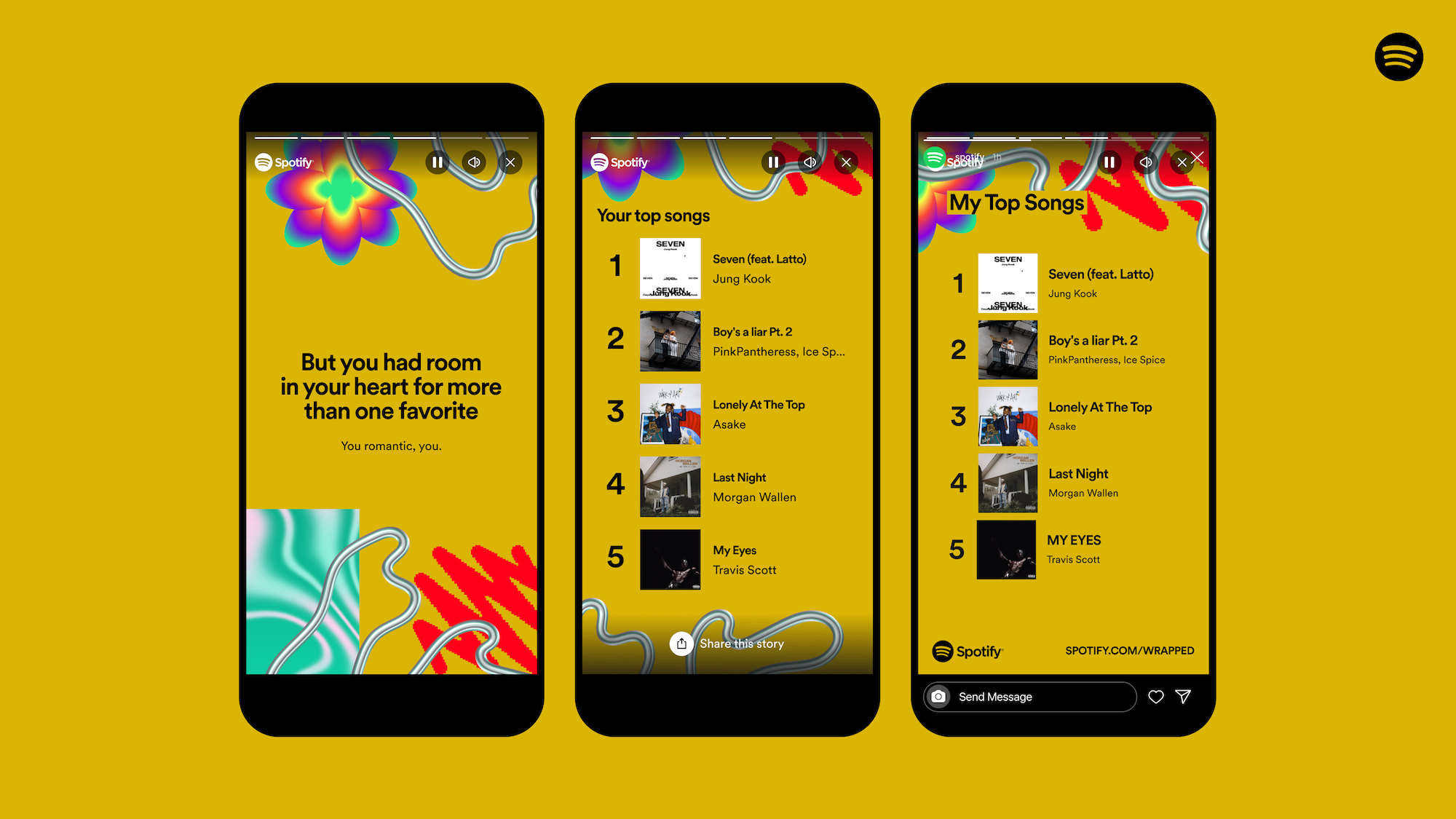 Three phone screens on a yellow background showing Spotify top songs.