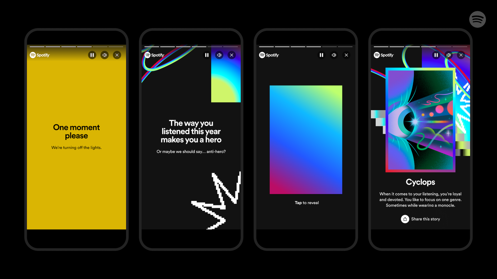 Four phone screens showing Spotify Wrapped stories.