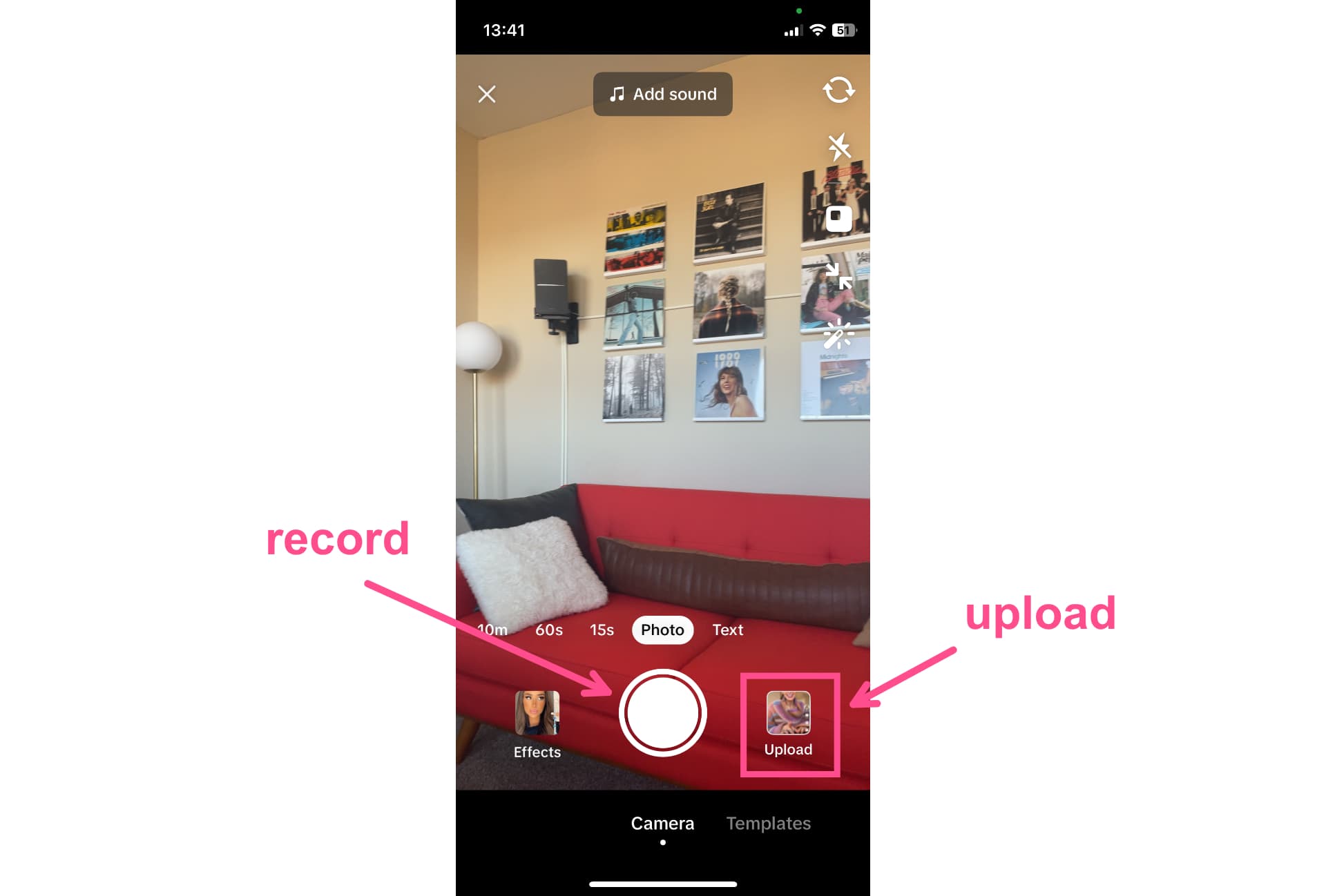 TikTok create new menu with arrows pointing to the Record button and the Upload button.