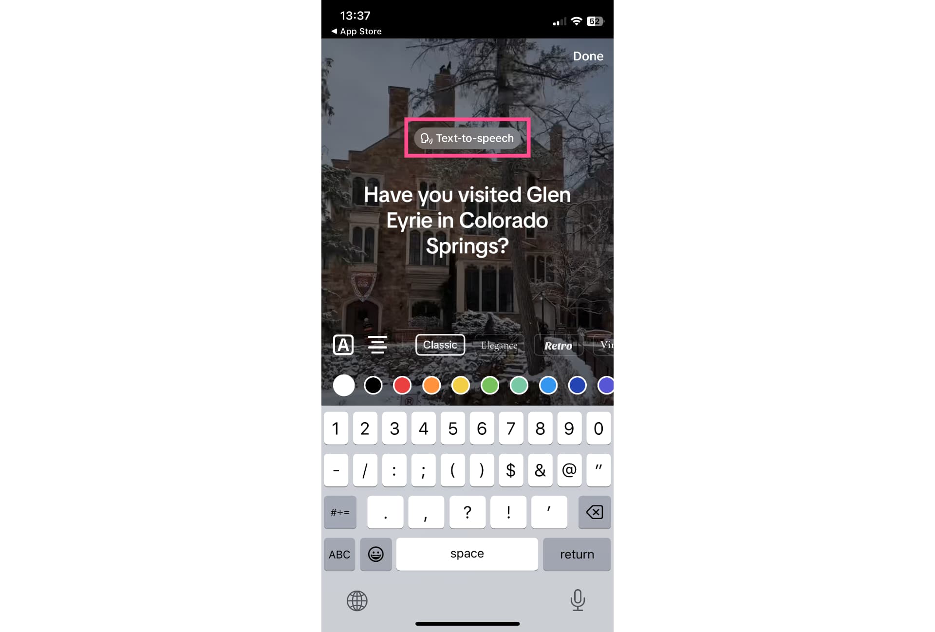 TikTok text-to-speech button highlighted in the Text tool.