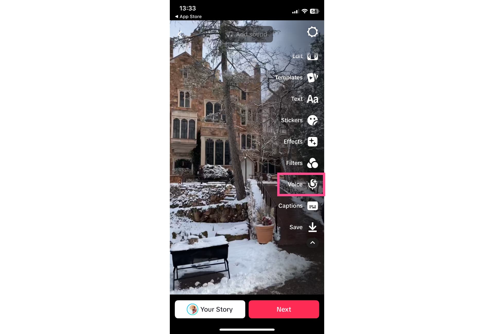 Example of TikTok right-side menu with Voice tool highlighted.