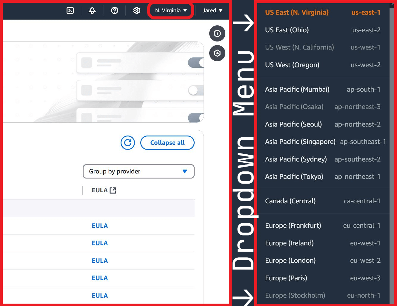 Screenshot showing the region dropdown menu in the Amazon Bedrock dashboard, with various server locations displayed.