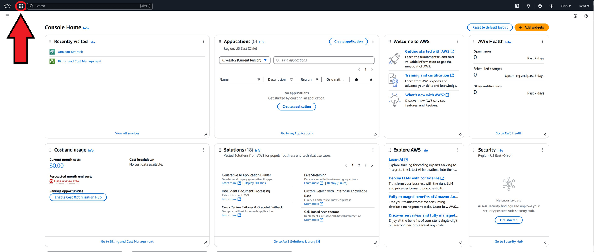 Close-up of the AWS dashboard highlighting the nine-dot icon, used to access the services menu.