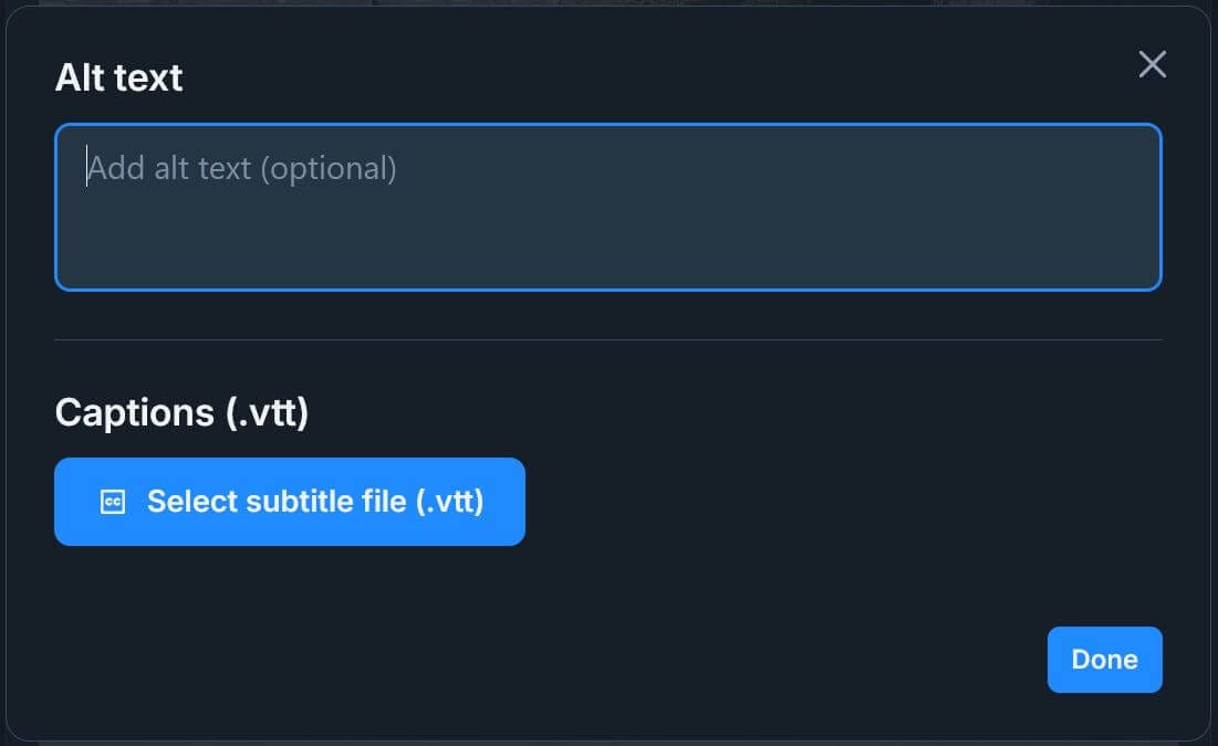 Bluesky 'Alt text' box and VTT file upload box. 