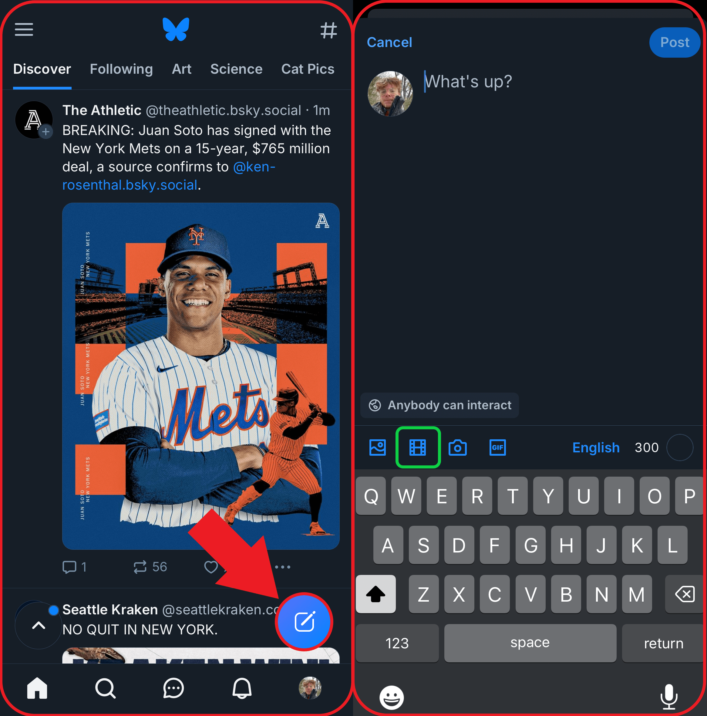 Side-by-side images of the Bluesky mobile app’s Discover page, with the 'New Post' button highlighted in one image and an empty post shown in the other.