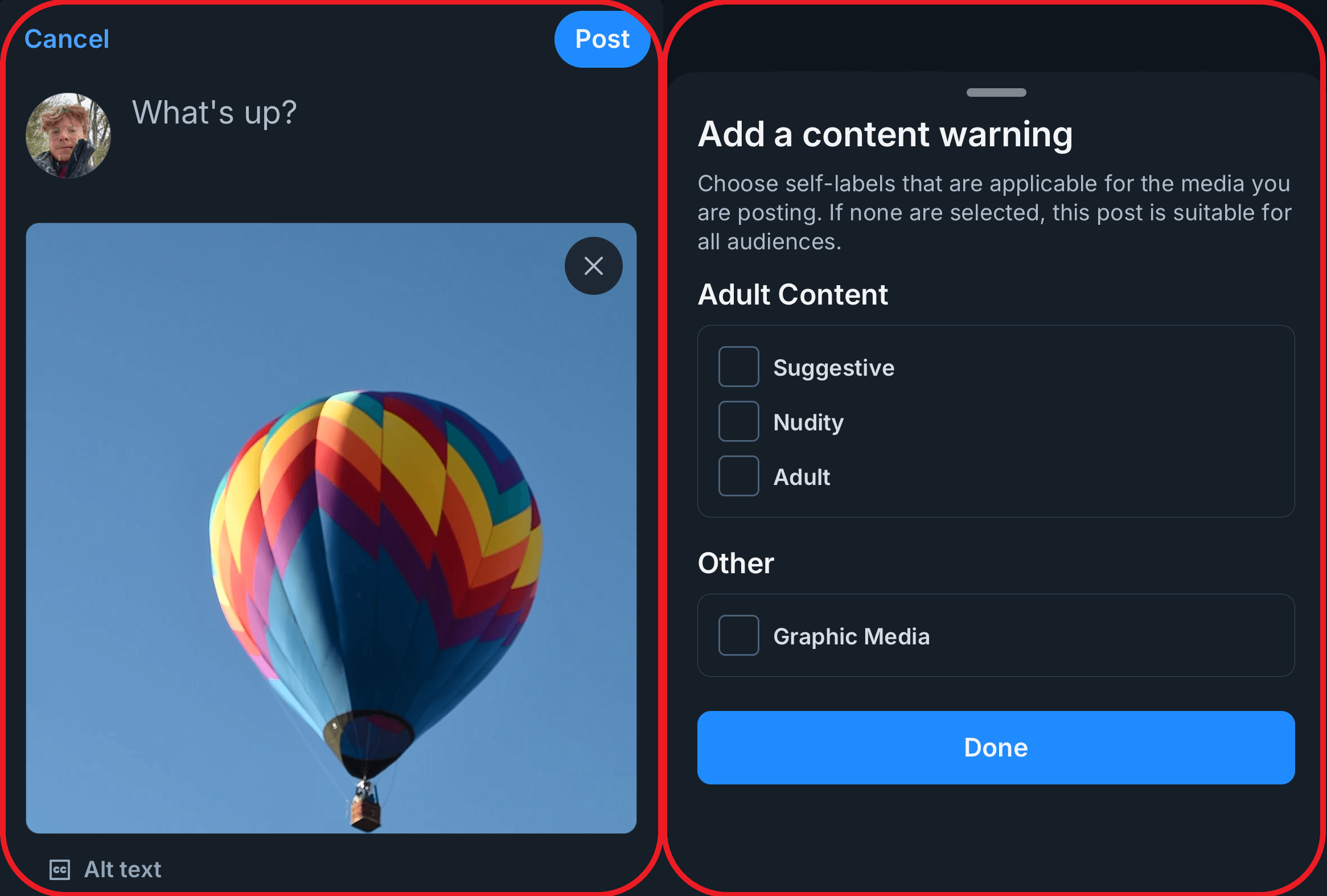 Side-by-side images of the Bluesky mobile app, featuring an example post and the 'Labels' menu.