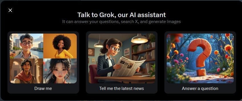 Use Grok to generate images, provide current updates, or answer questions.