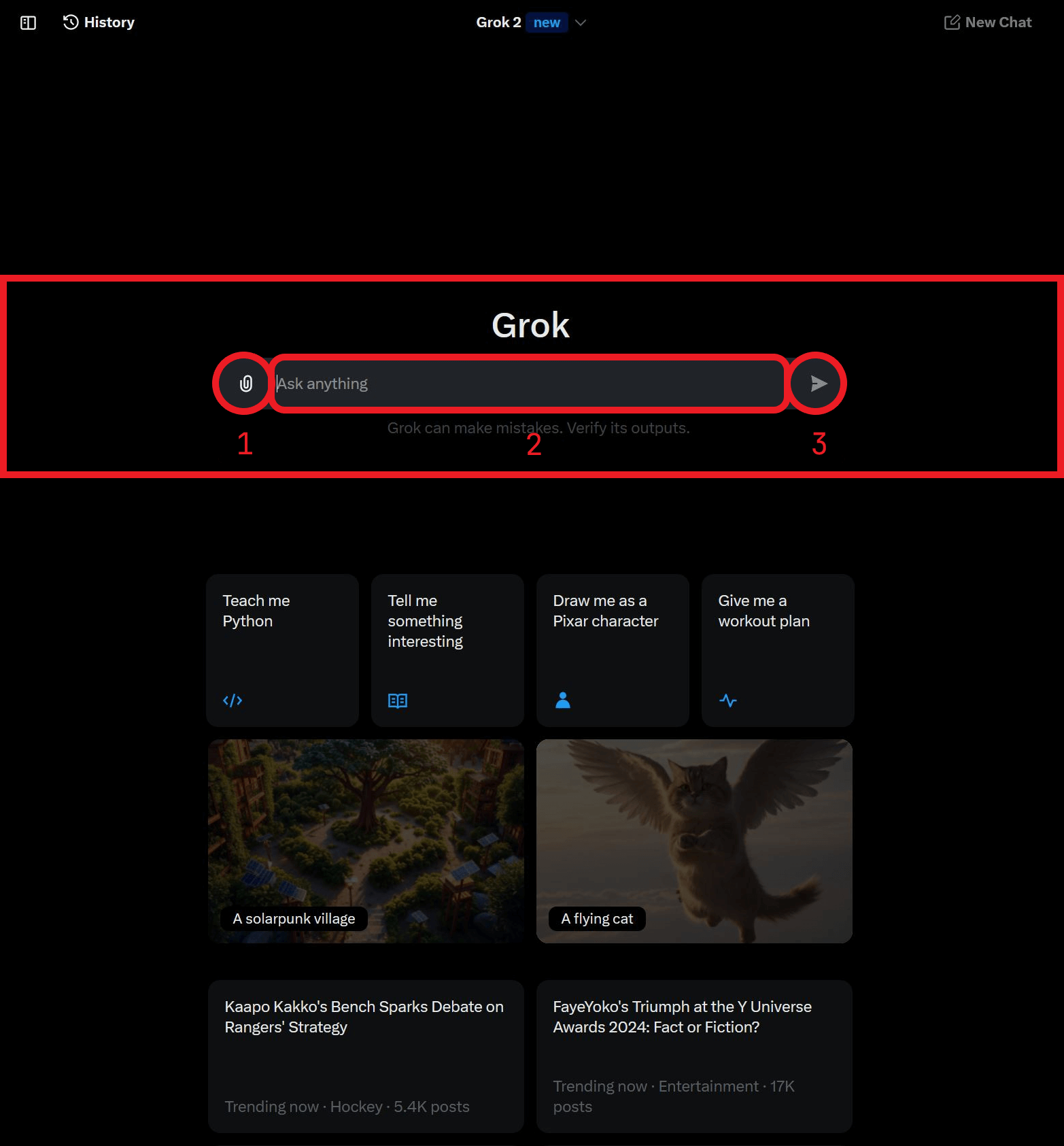 Screenshot showing the option to attach media or type a prompt to start a conversation in Grok.