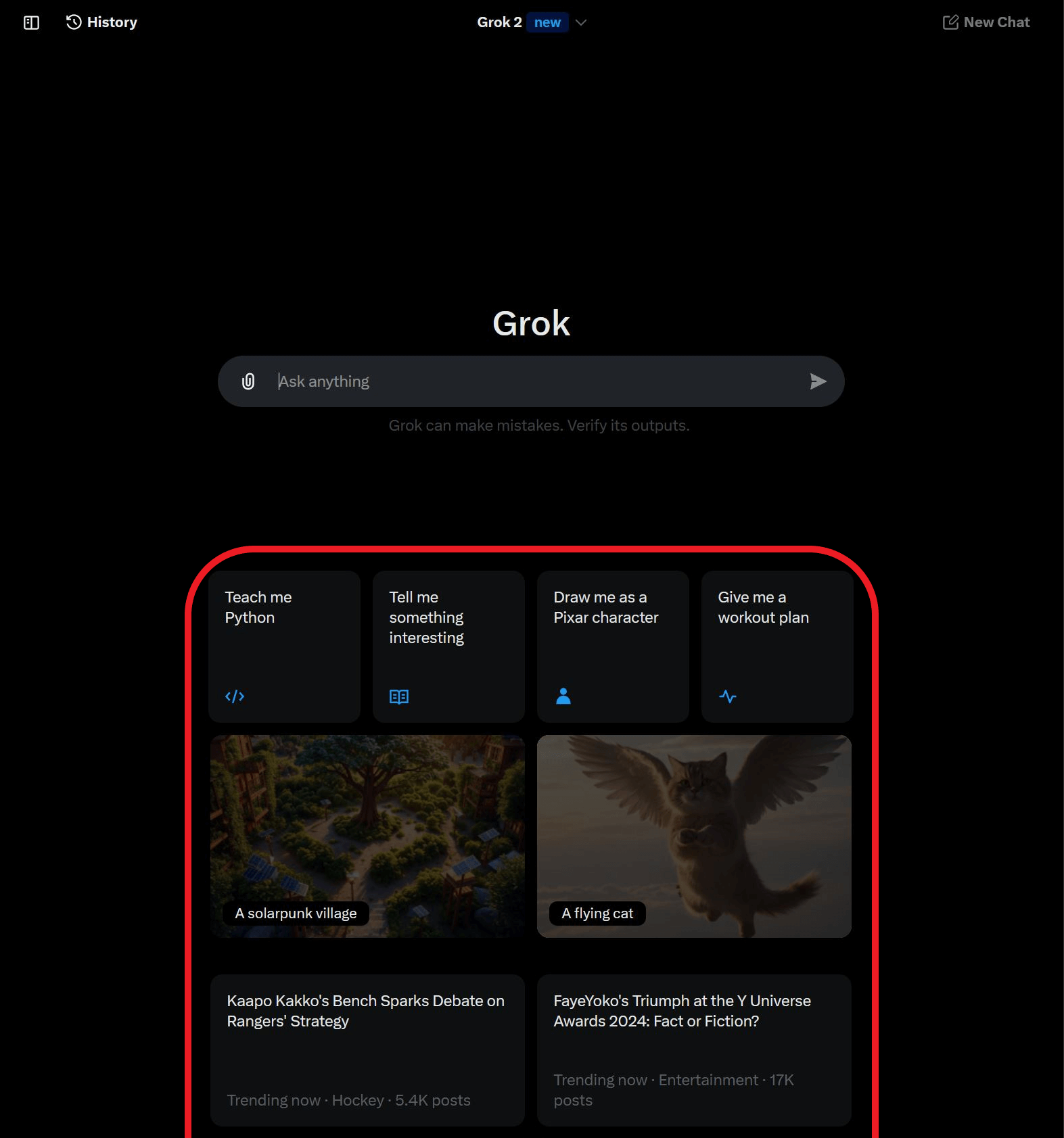 Screenshot showing prewritten prompts available for users to select and interact with Grok.