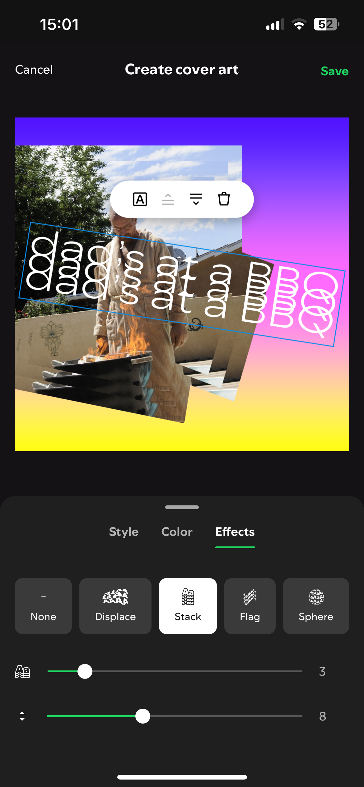 Screenshot of the "Stack" text feature on Spotify layered onto a Breaking Bad image