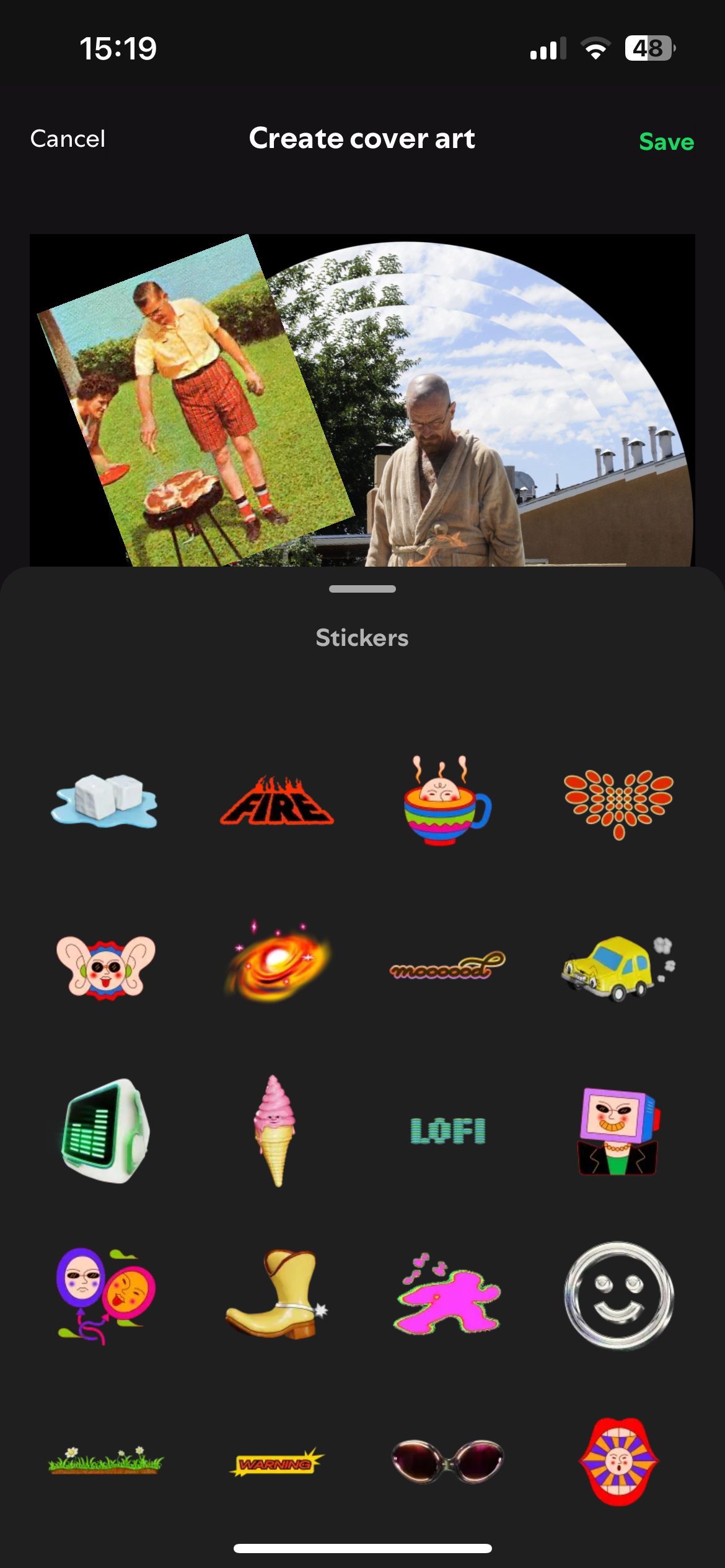 Screenshot showing 40 stickers available on Spotify's cover art designer.