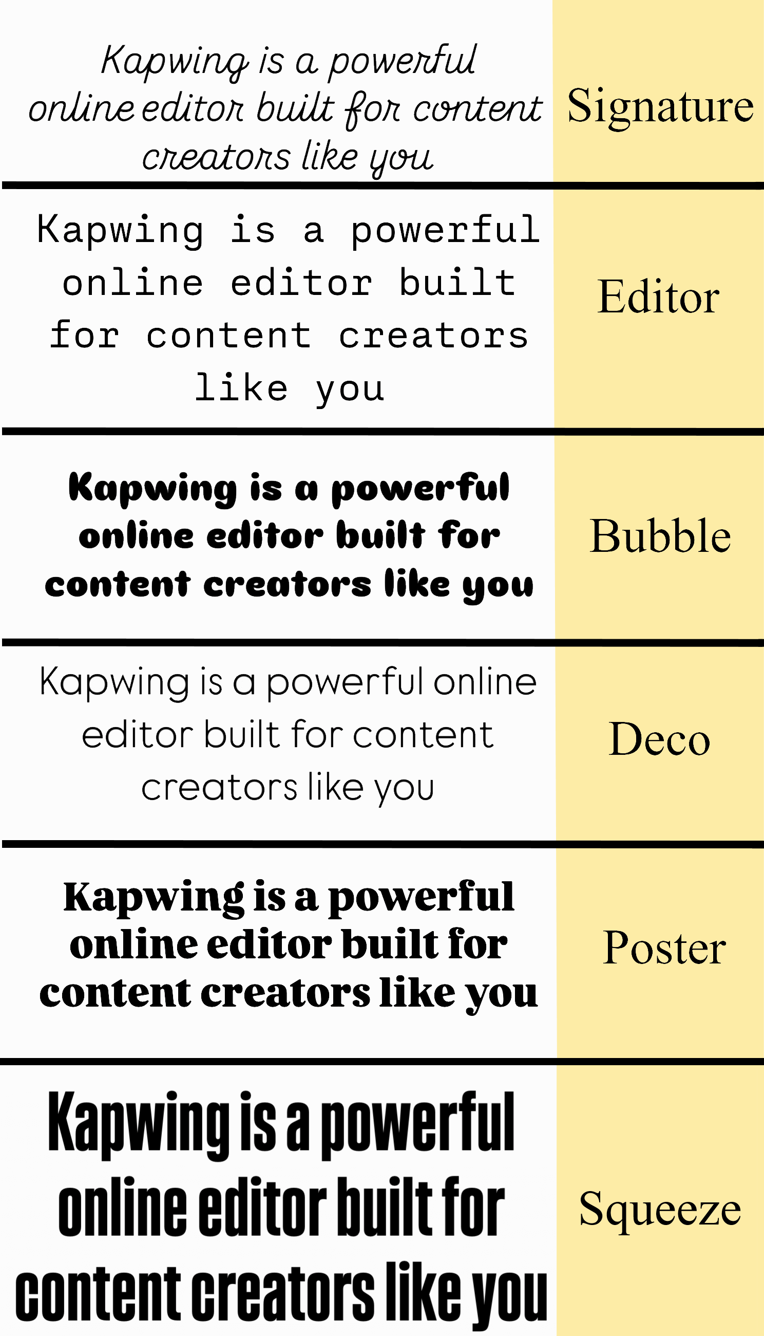 Table comparing the new Instagram fonts, with labels for each font for easy identification.