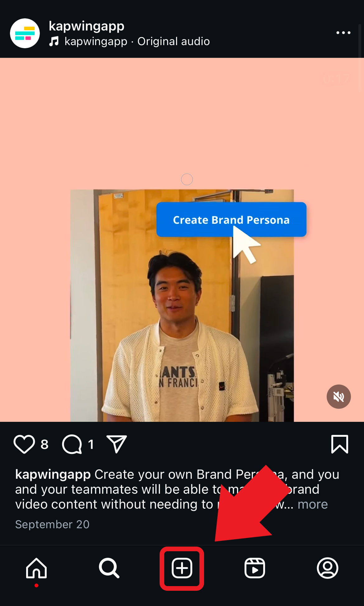 Instagram home page highlighting the new post icon, used to start creating a new post. 