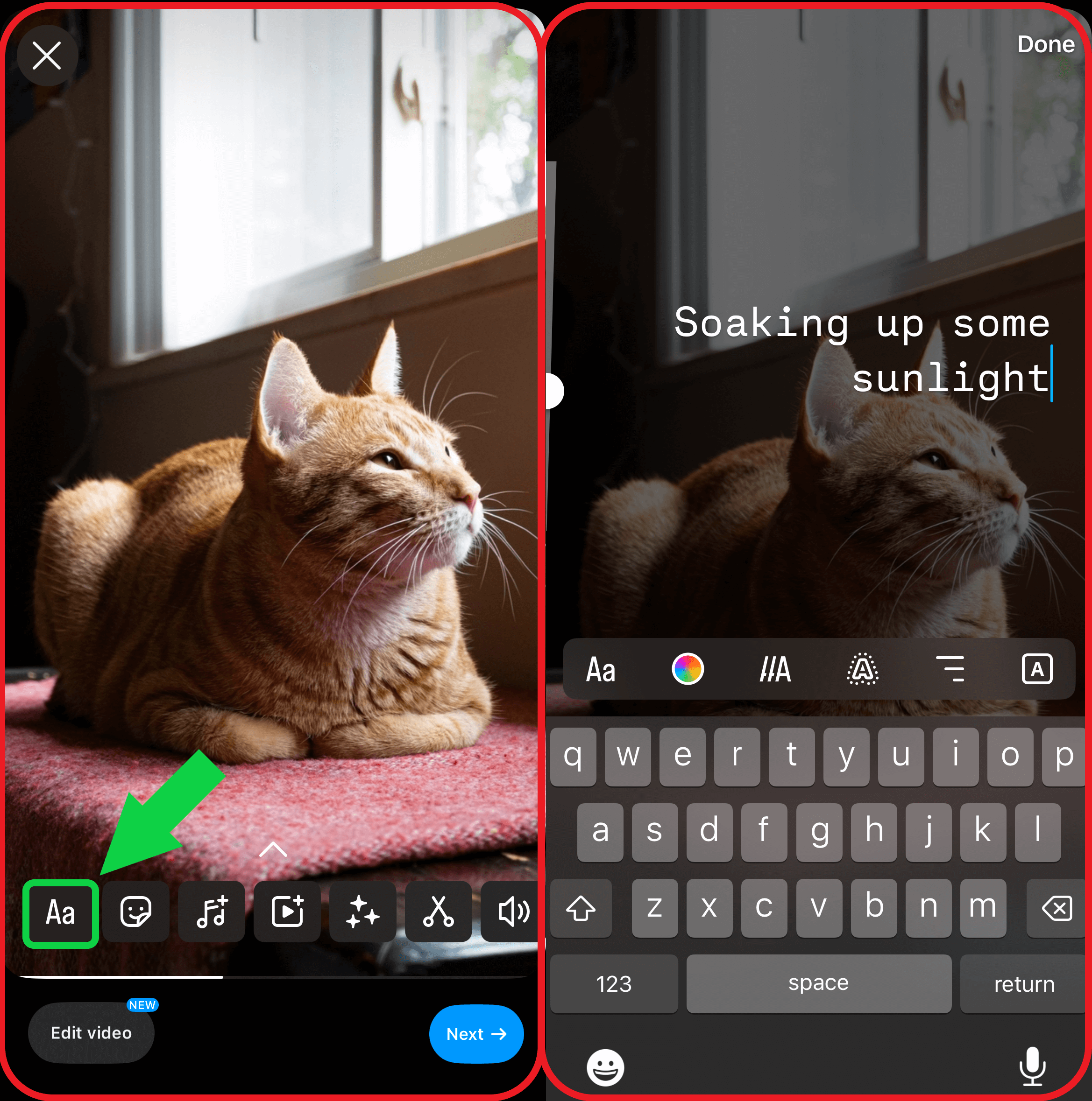 Two side-by-side images of an example post in Instagram's editor, showcasing the expanded text tools menu for emphasis on customization options.