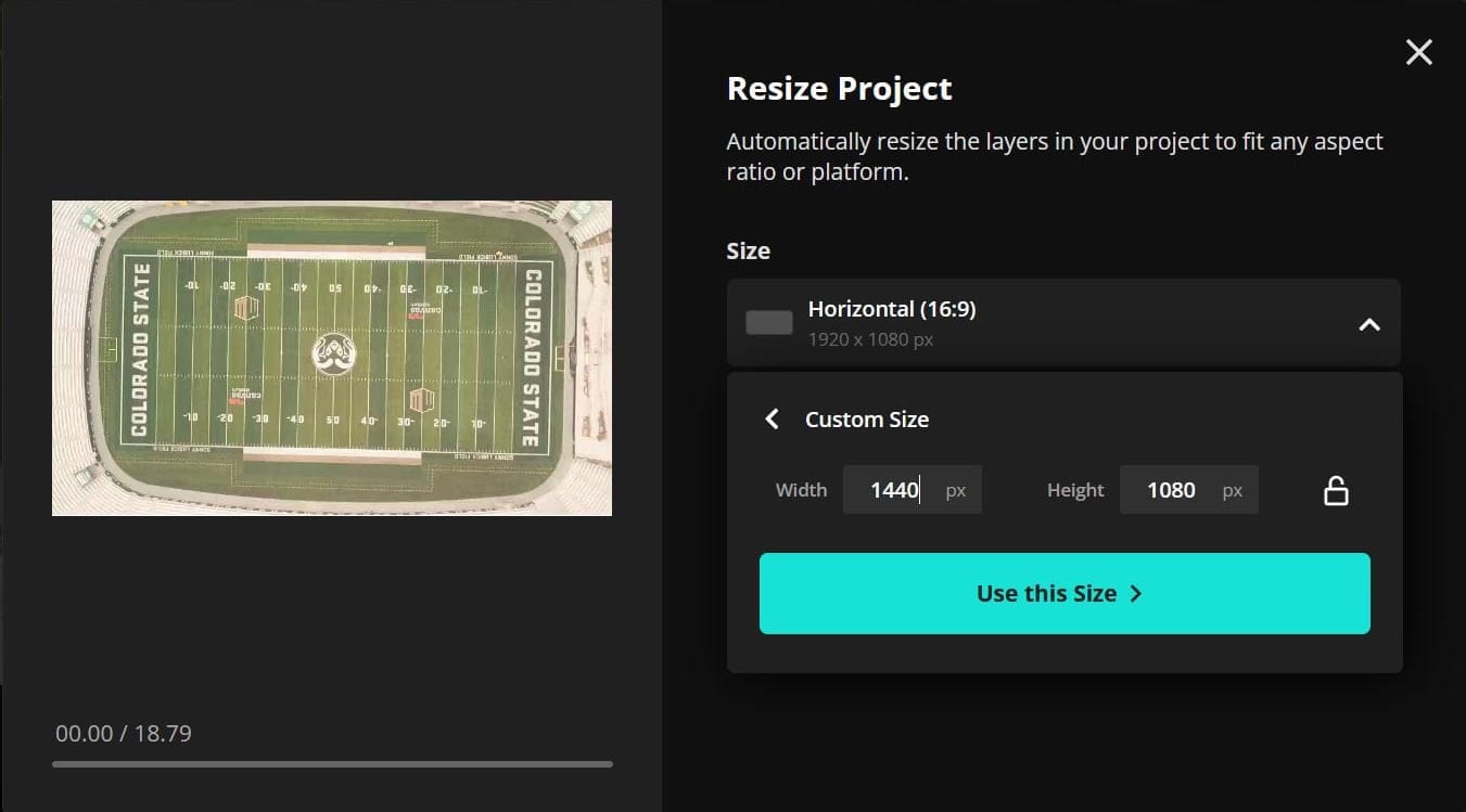 Kapwing editor showing the Custom Size tool in the Resize Project menu to adjust project dimensions.