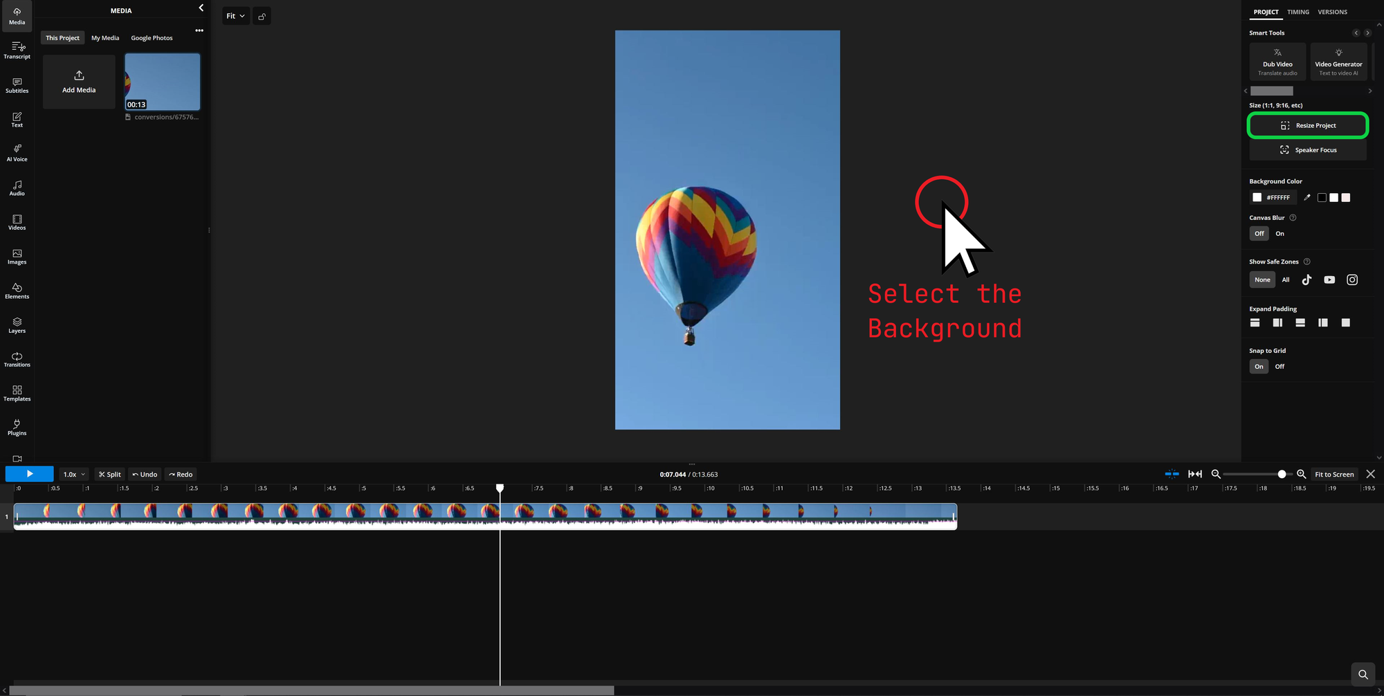 Kapwing editor highlighting the resize project tool. 