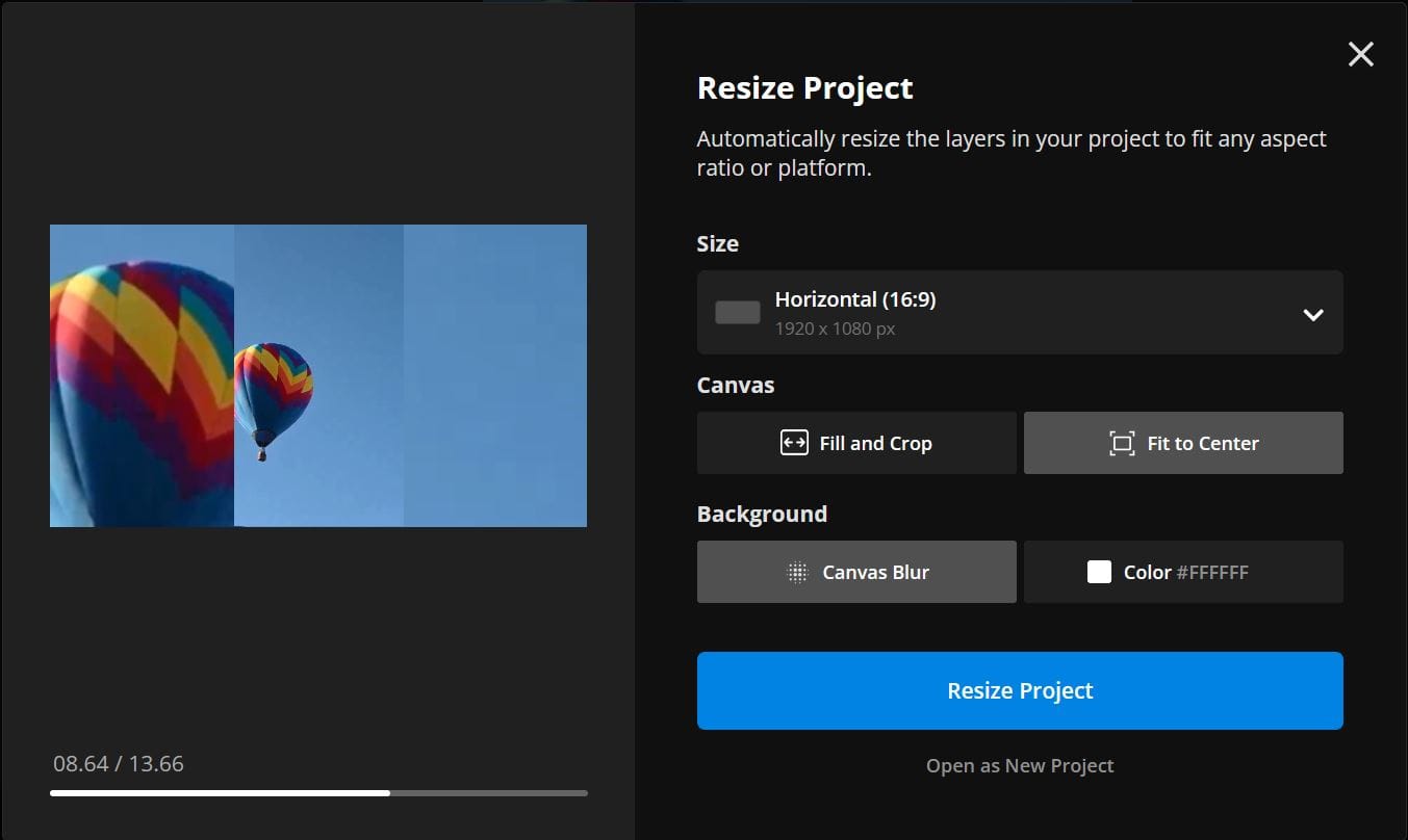 Kapwing resize project tool for expanding videos. 