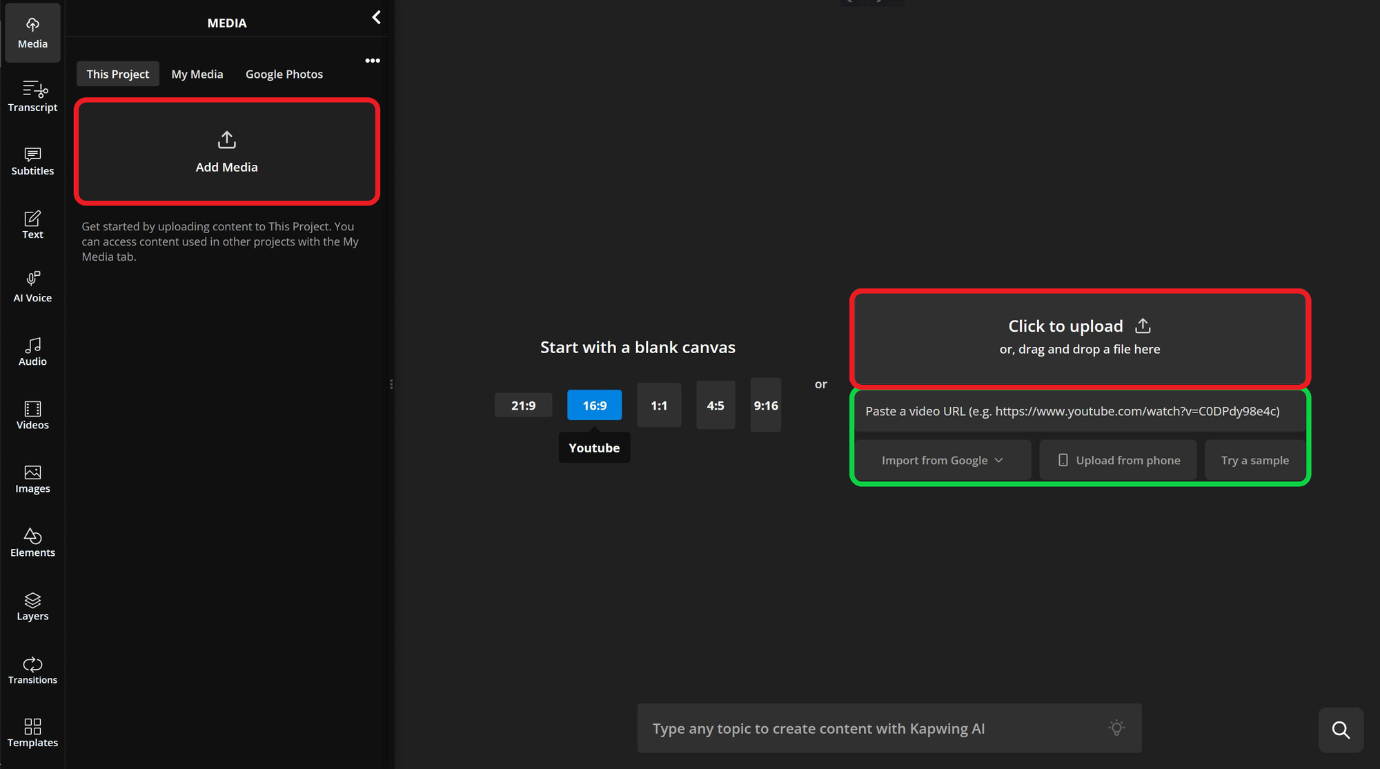 Kapwing editor interface Showing drag-and-drop upload and additional options like Google Drive and YouTube imports on Kapwing.