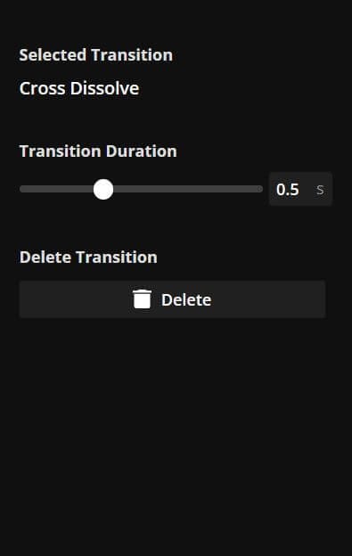 Kapwing editor with transition duration settings expanded for customization. 