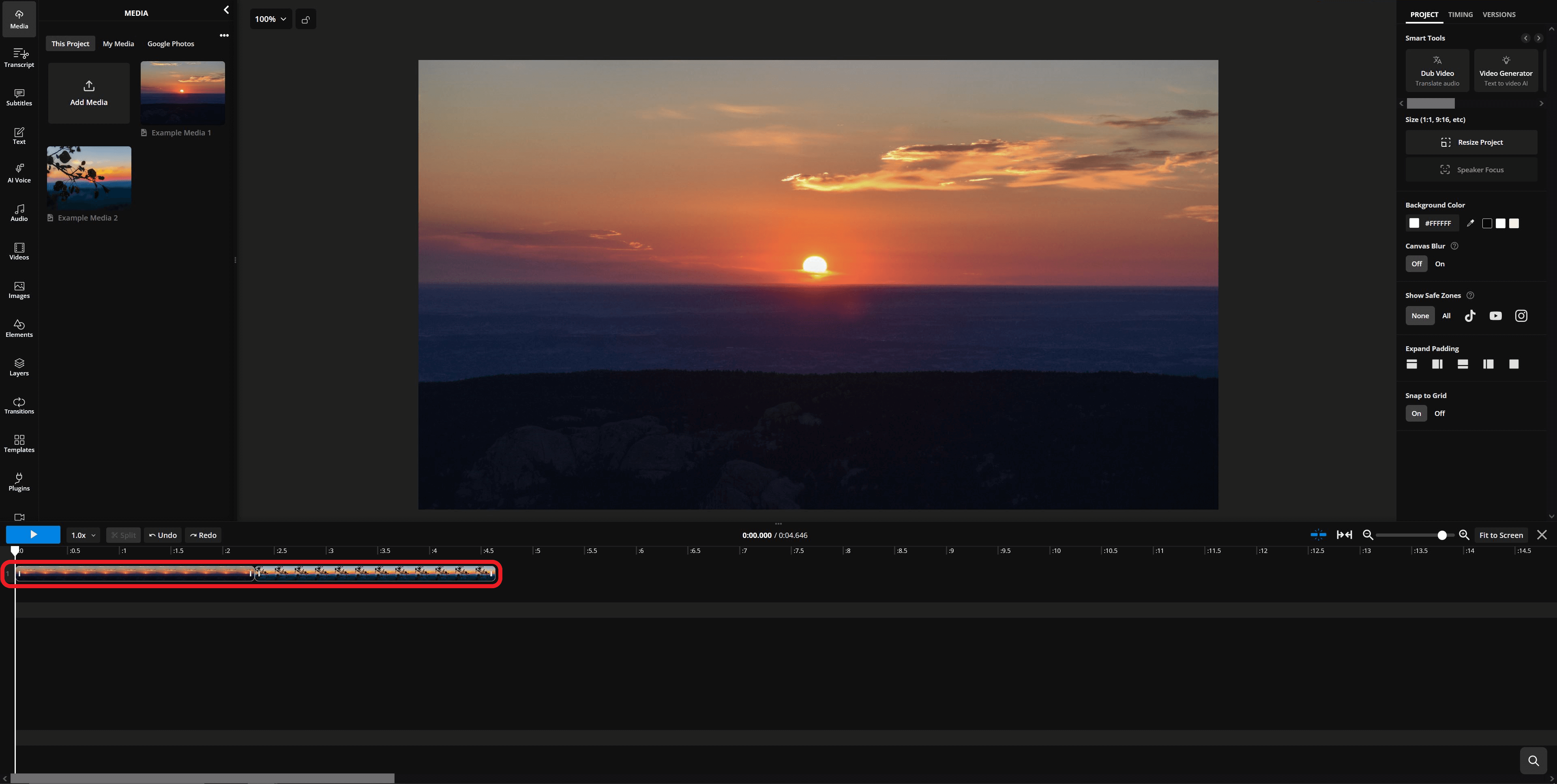 Kapwing video editor with clips arranged in timeline.