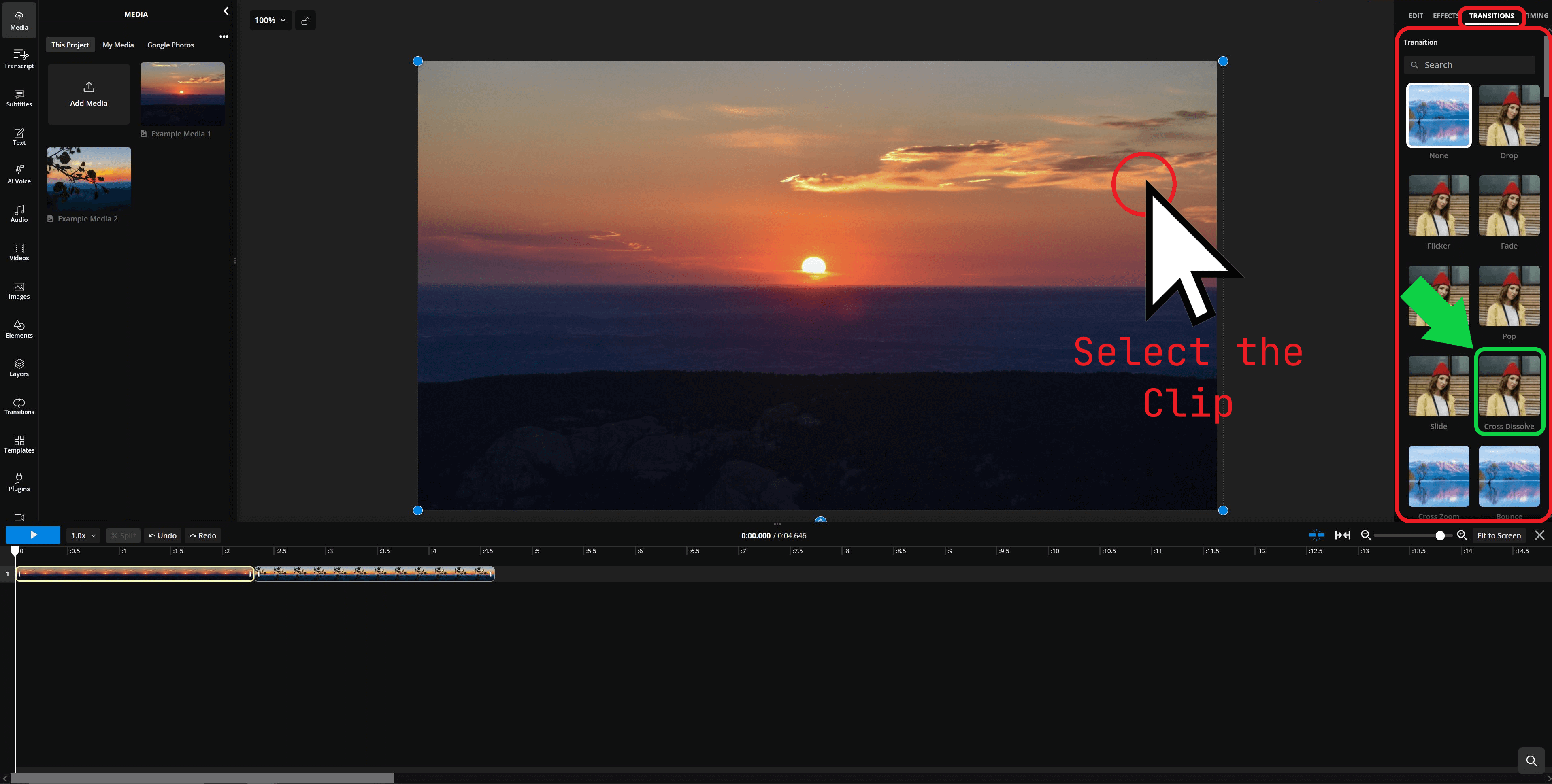 Kapwing video editor showing a selected clip and the transitions menu.