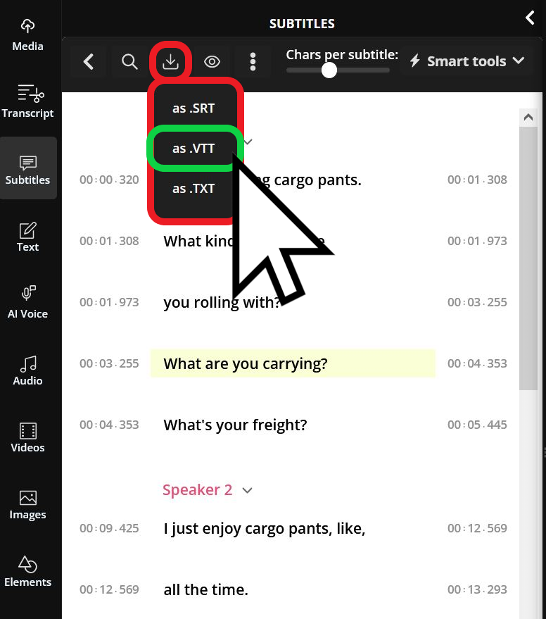 Kapwing's automatic subtitles editor interface with the VTT file extension option highlighted.